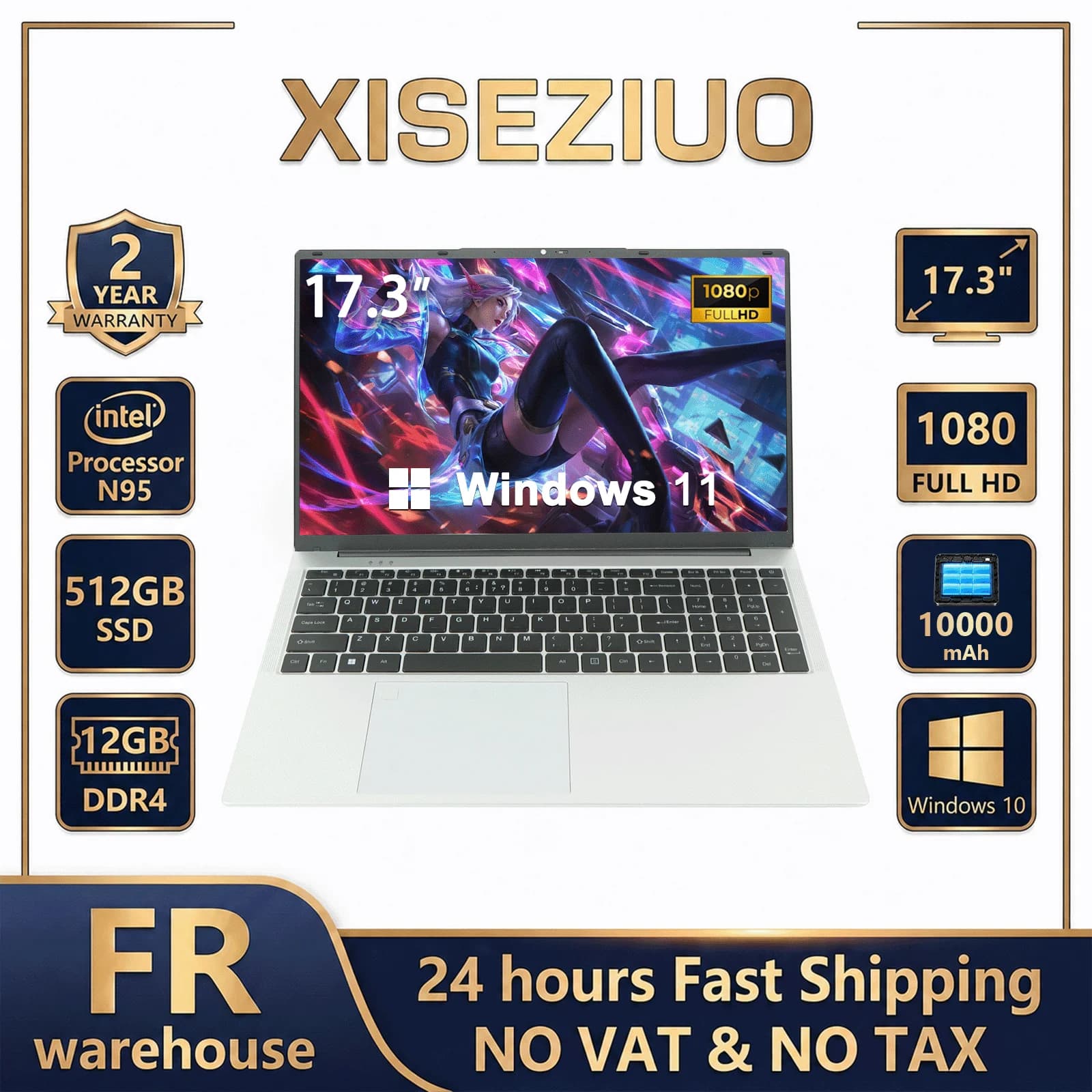 Portátil de 17.3 pulgadas Intel N95 con Windows 11, 12 GB de RAM, 512 GB SSD, batería de 10000 mAh con hasta 10 horas de duración, pantalla FHD