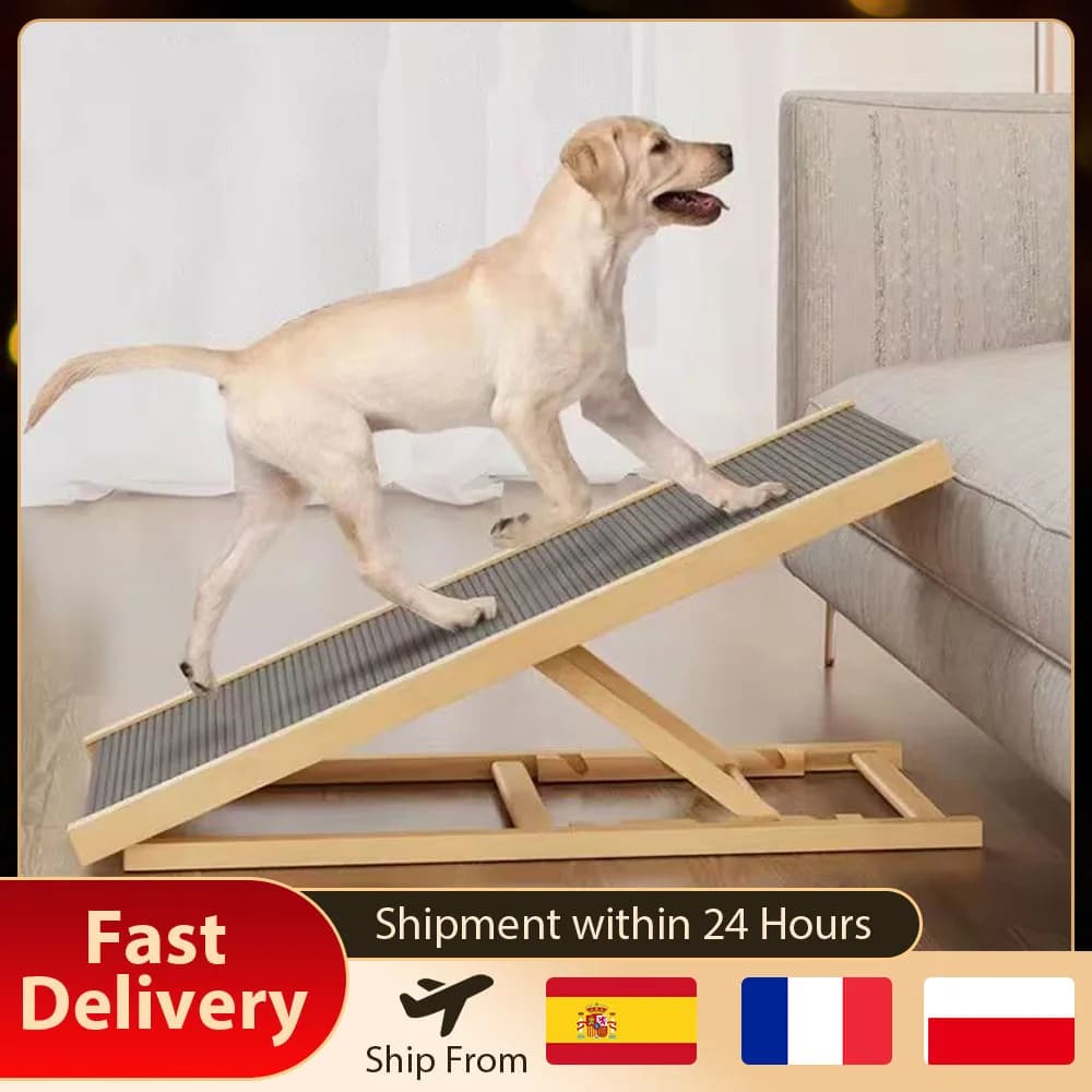 Rampa Plegable Ajustable para Perros y Gatos, Escalera de Madera para Mascotas para Sofá, Cama, Coche, Superficie Antideslizante, 2/4 Niveles, Altura