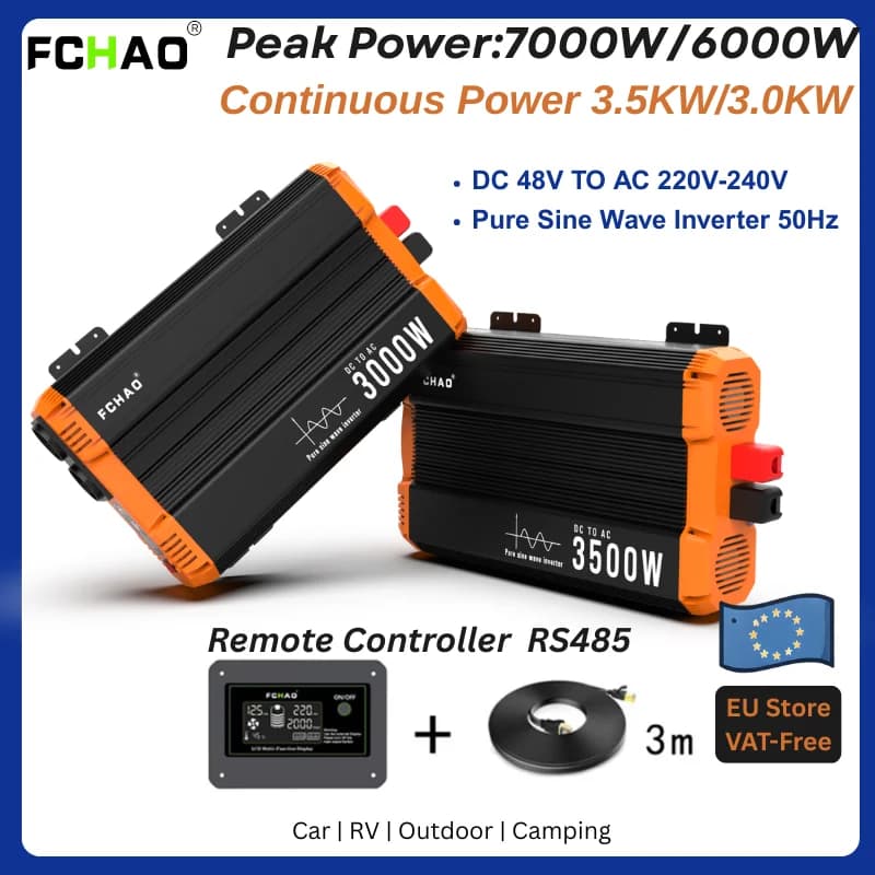 FCHAO 48V CC a CA Inversor solar 220V/230V/V V, lavado sinusoidal puro W, 3500W, con control para RV, hogar, almacenamiento de energía,