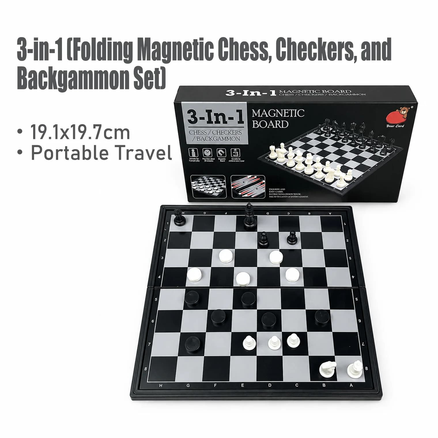 Juego de Ajedrez, Damas y Backgammon Magnético Plegable 3 en 1 de 19.1x19.7cm, Juego de Mesa Portátil de Viaje, Rompecabezas Educativo, Juguete de