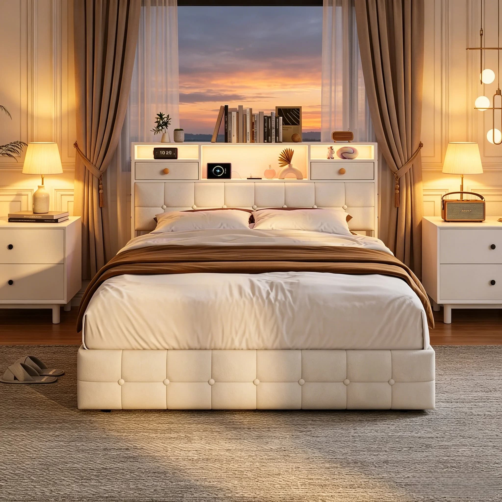 Cama doble tapizada de 140/160x200 cm con cabecero y almacenamiento, con luces LED, estaciones de carga USB y Tipo-C, cajones y estanterías abiertas,