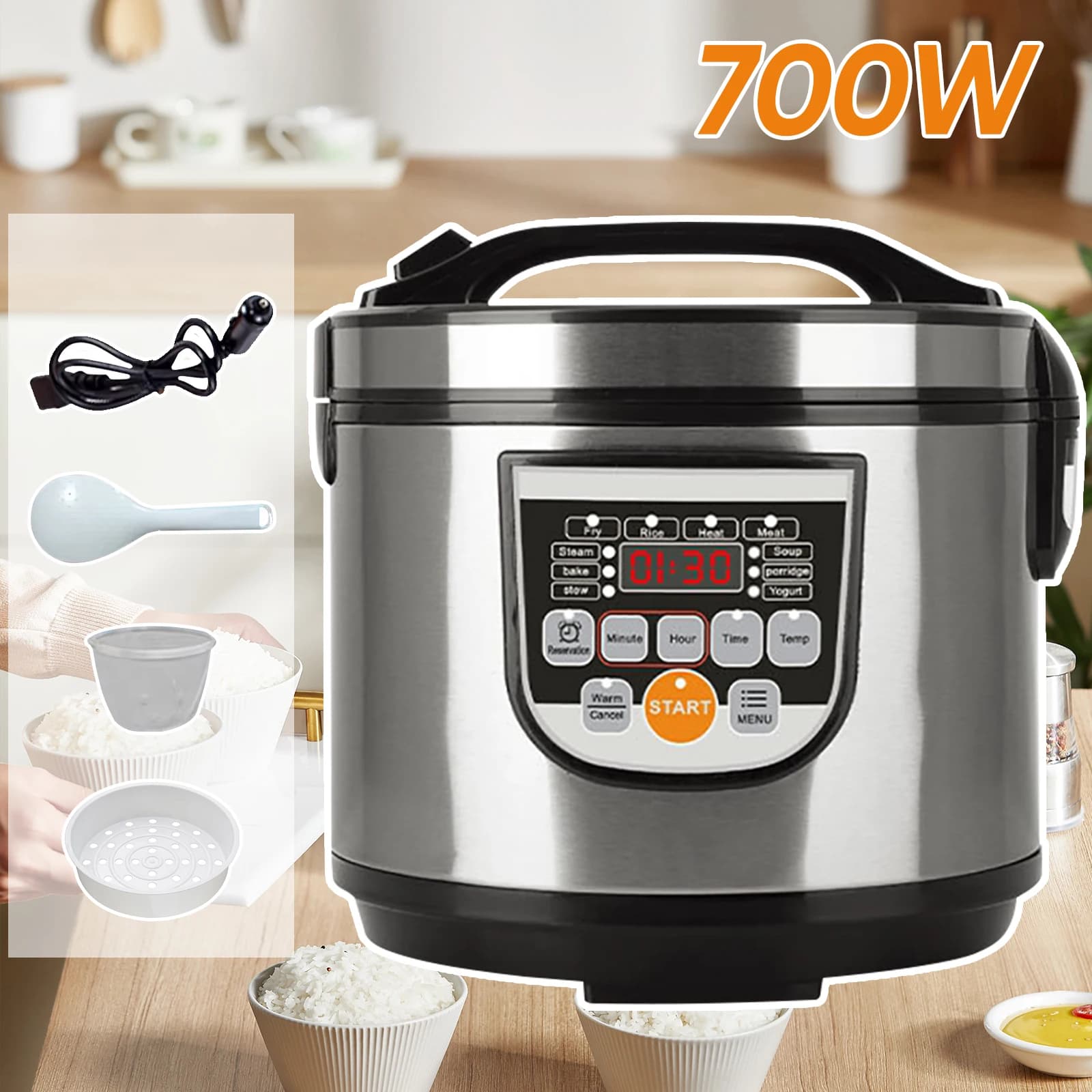 OWJHE 220V 5L 700W olla arrocera casera para coche furgoneta olla arrocera para coche y camión que lleva ollas arroceras eléctricas para 3-8