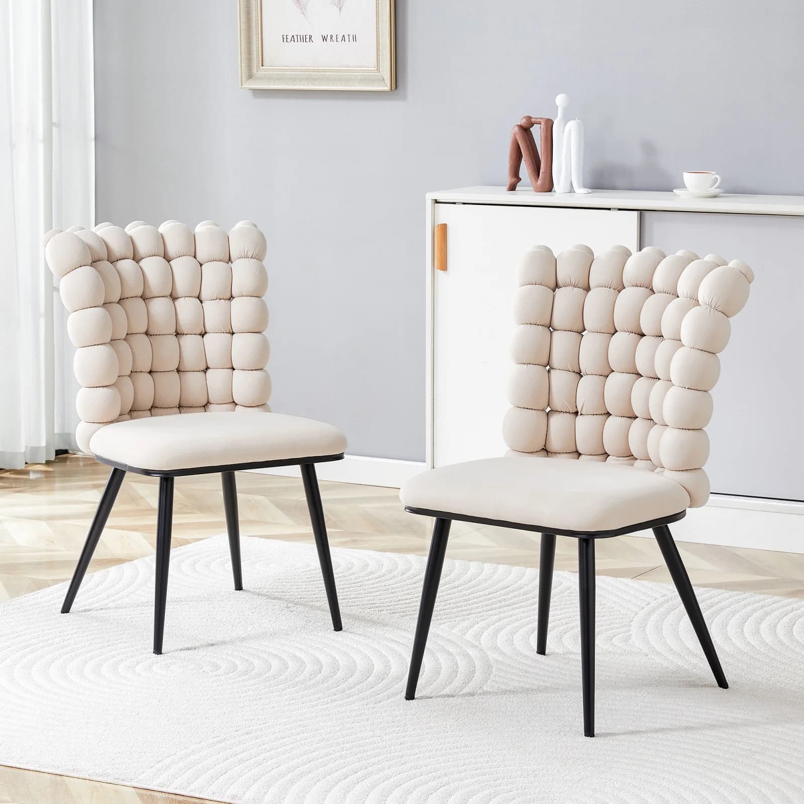 Anajqaqia Juego de 2 sillas de comedor con cadena de bolas de terciopelo, patas de metal negro, tumbonas modernas de lujo para comedor, sala de estar