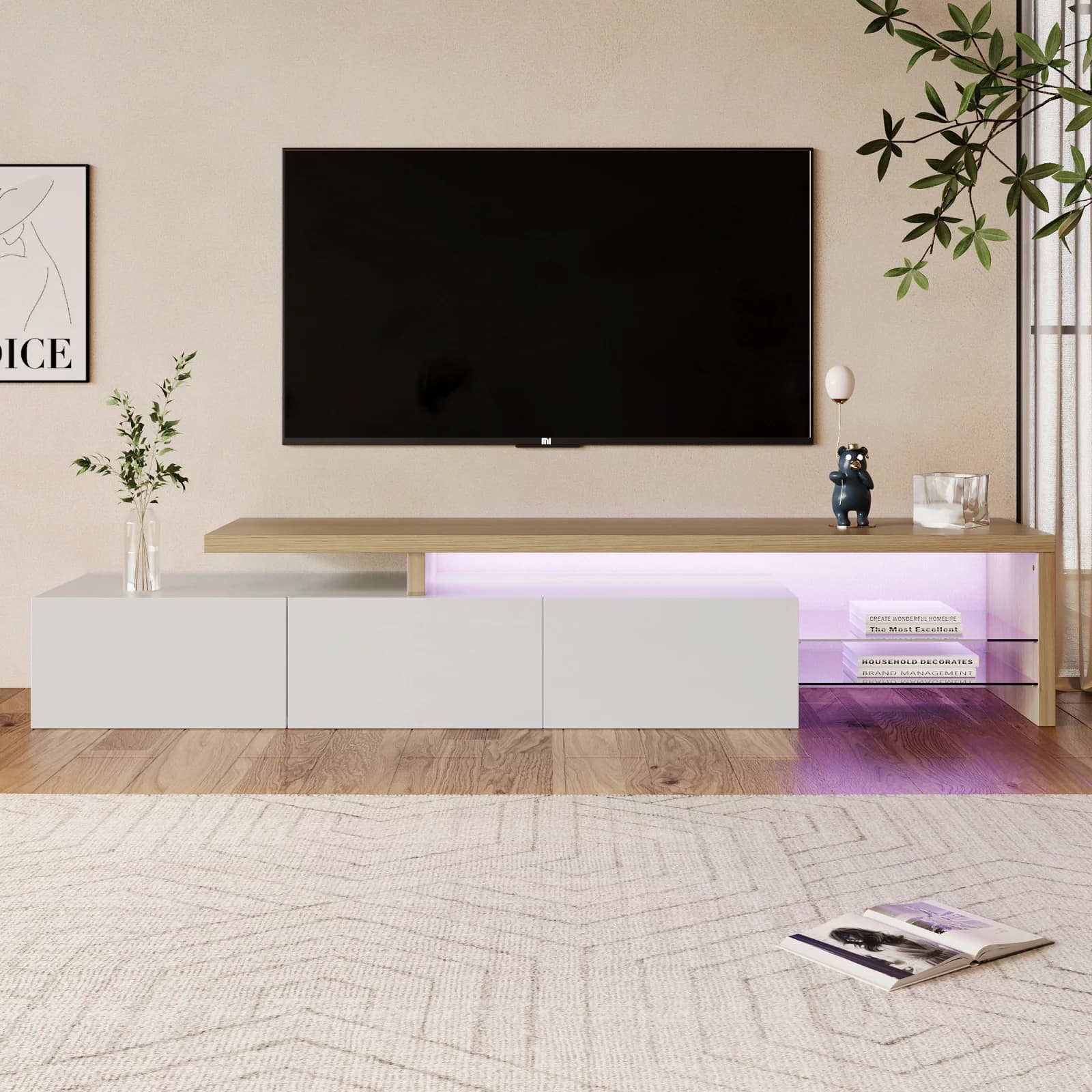 ROSAHQNDA Mueble para TV moderno, muebles de salón con estilo LED, espacio de almacenamiento práctico, estantes de vidrio de alto brillo,