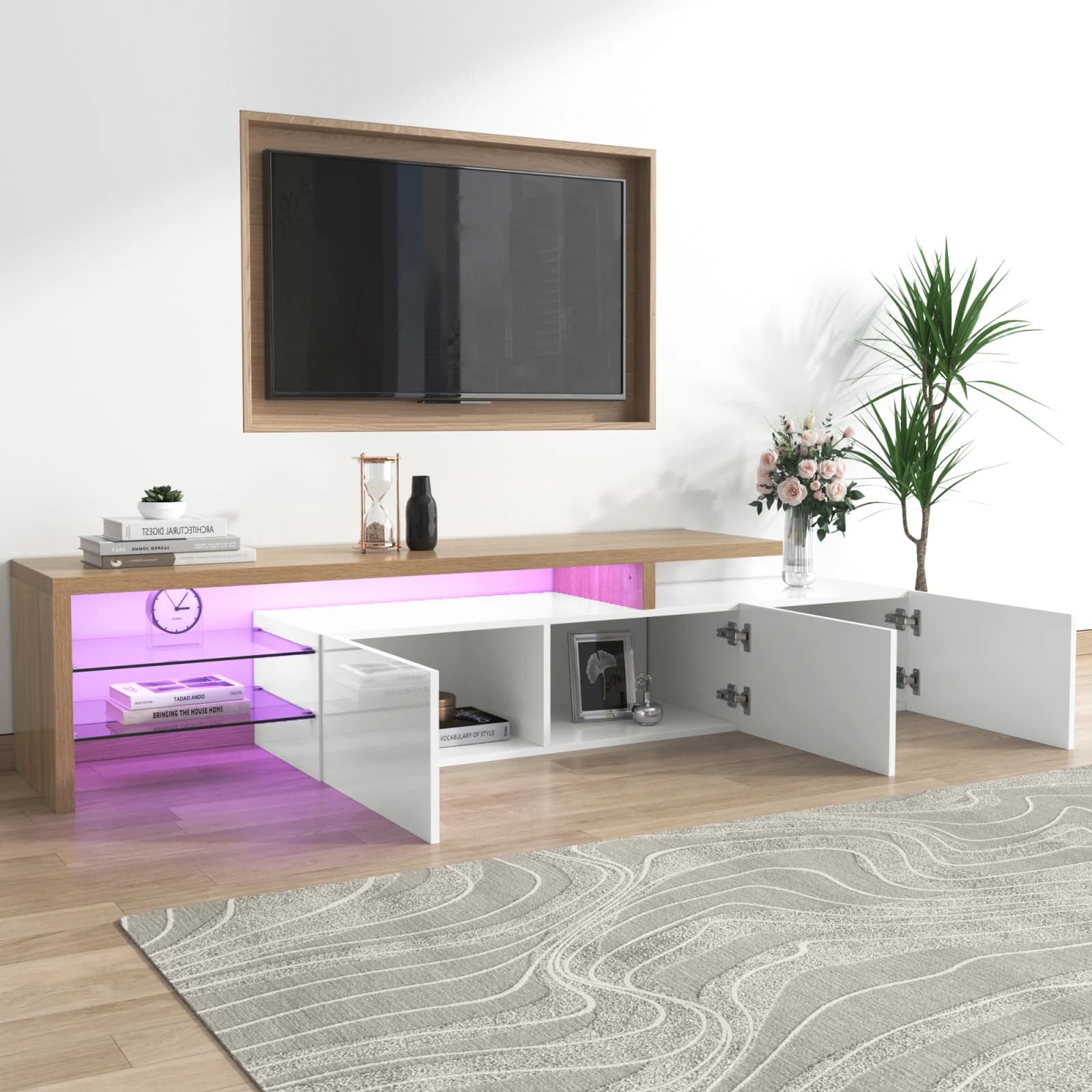 Rosahqnda Mueble para TV moderno con iluminación LED Soporte para TV elegante y elegante con espacio de almacenamiento, aspecto de madera y alto