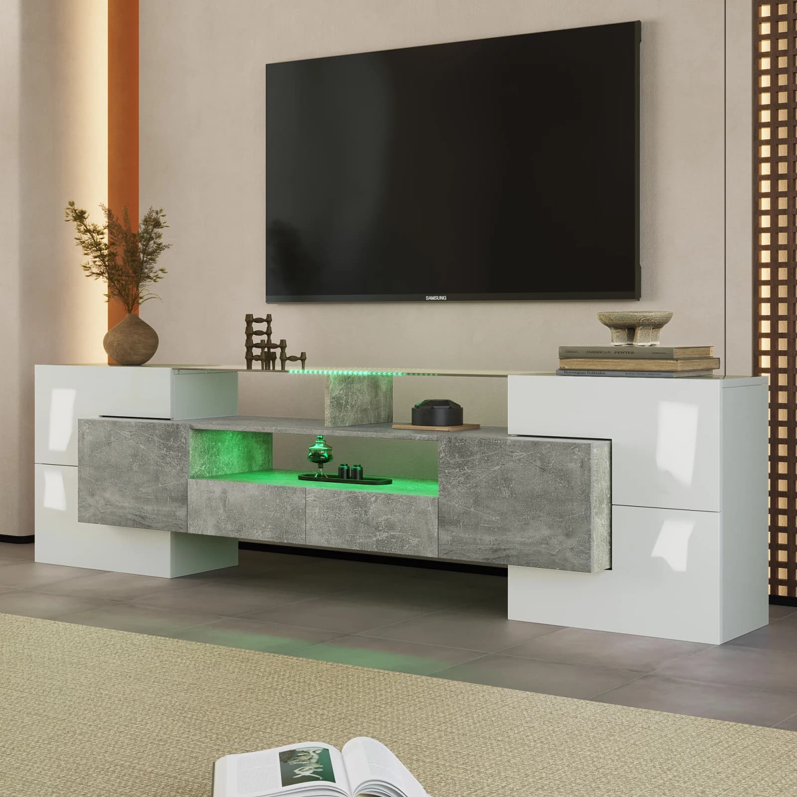 Mueble para TV Anajqaqia 200x35x60cm con iluminación LED, tablero bajo, sala de estar, muebles, blanco brillante