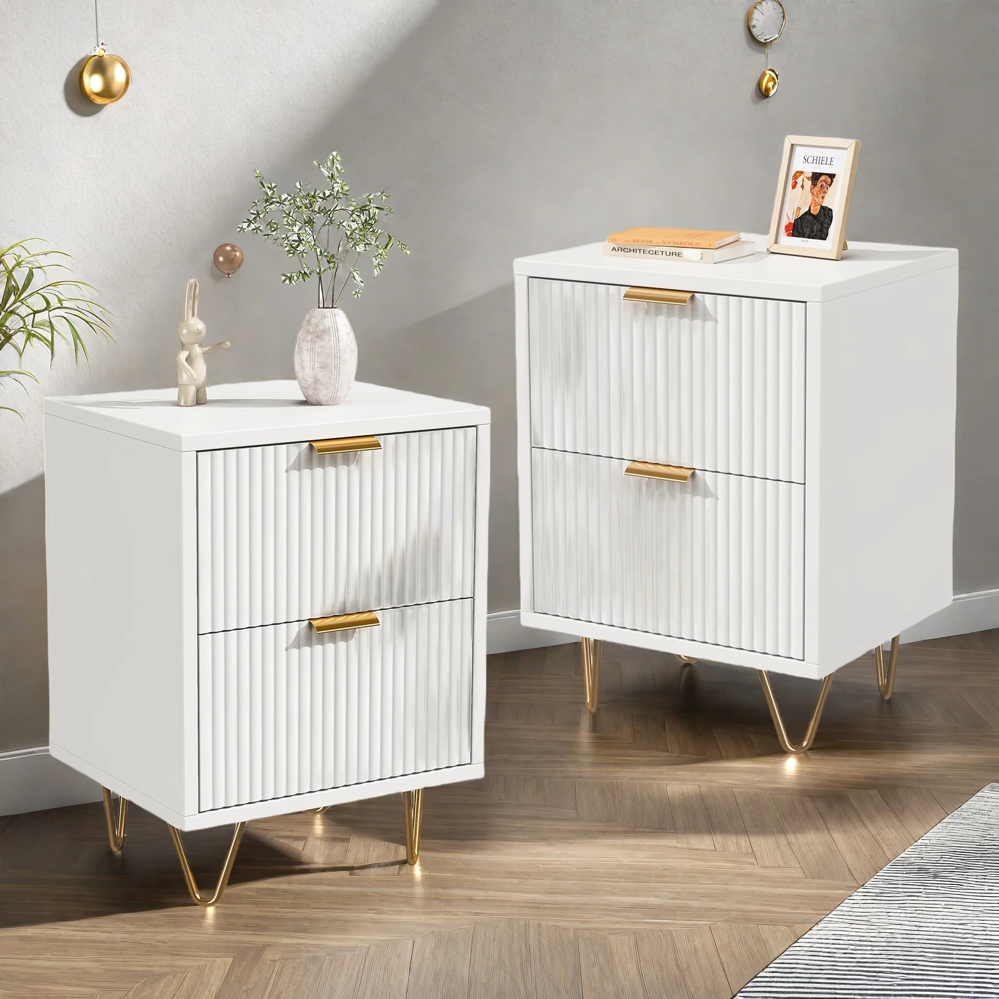 ROSAHQNDA Mesita de noche de 2 piezas, mesita de noche con cajón de almacenamiento, mesita de noche blanca moderna, mesa auxiliar, mesitas de noche