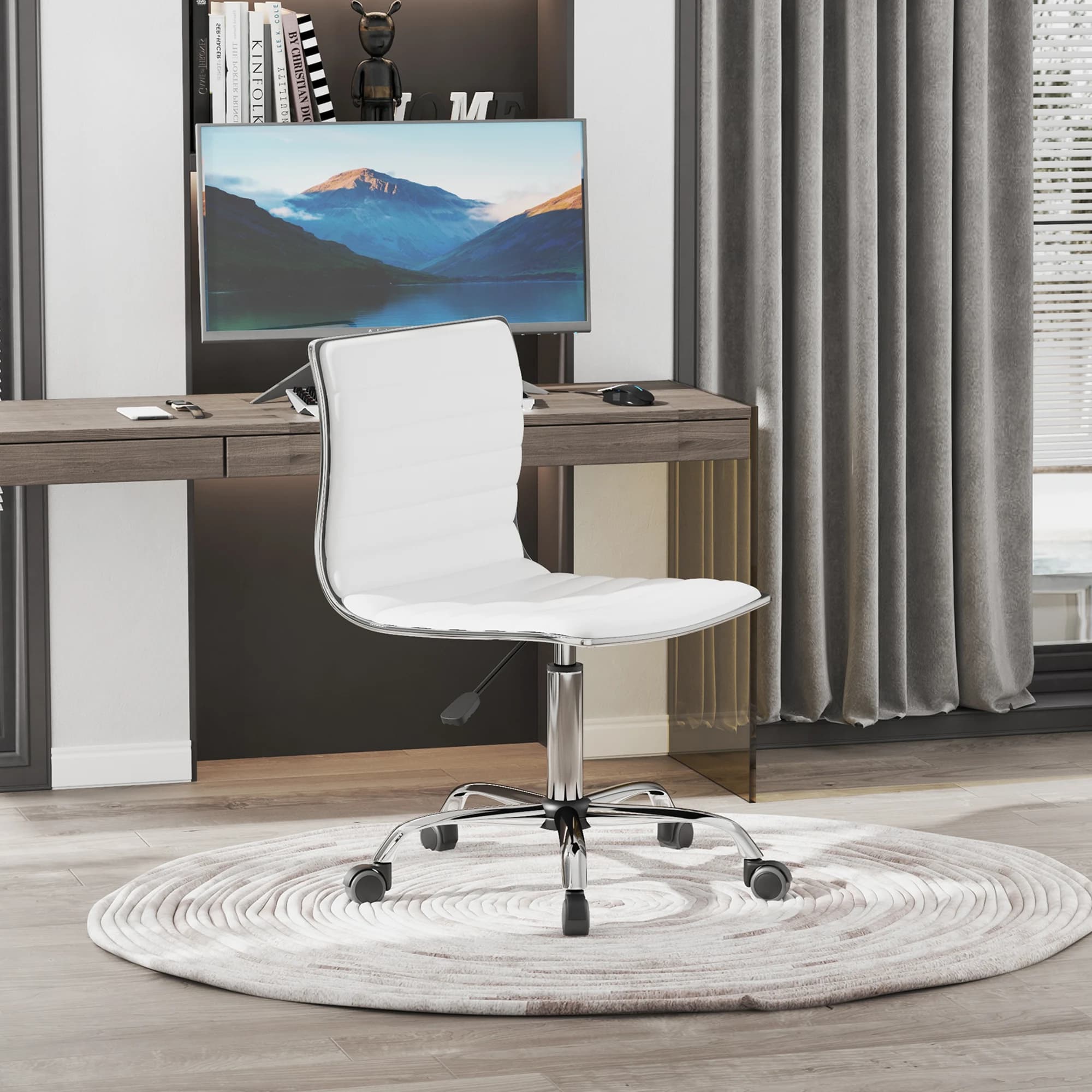 Silla de oficina, silla de escritorio, silla giratoria sin brazos, silla de cuero blanca ajustable en altura de 78-90 cm con respaldo, capacidad de