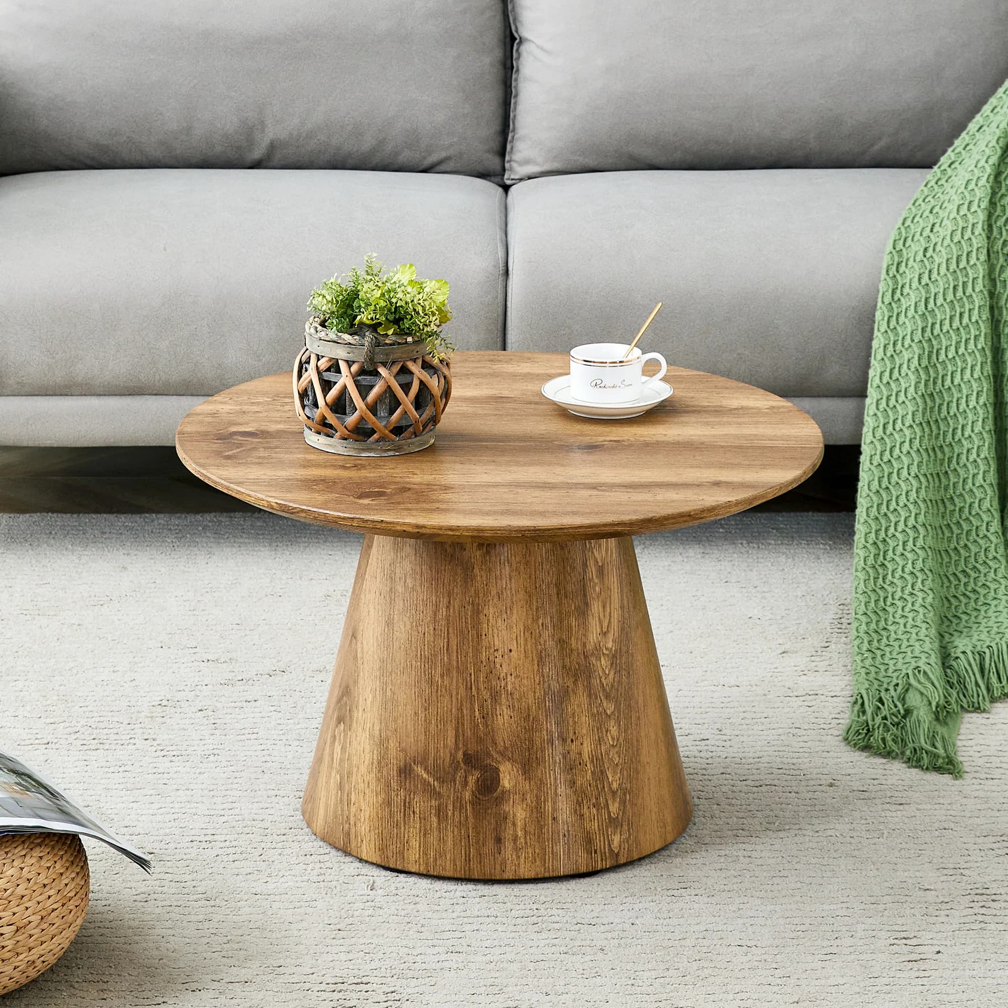Mesa de centro redonda Ø60 cm de MDF con acabado en madera natural, 35 cm de altura, ideal como mesa auxiliar o de balcón (Madera + MDF)