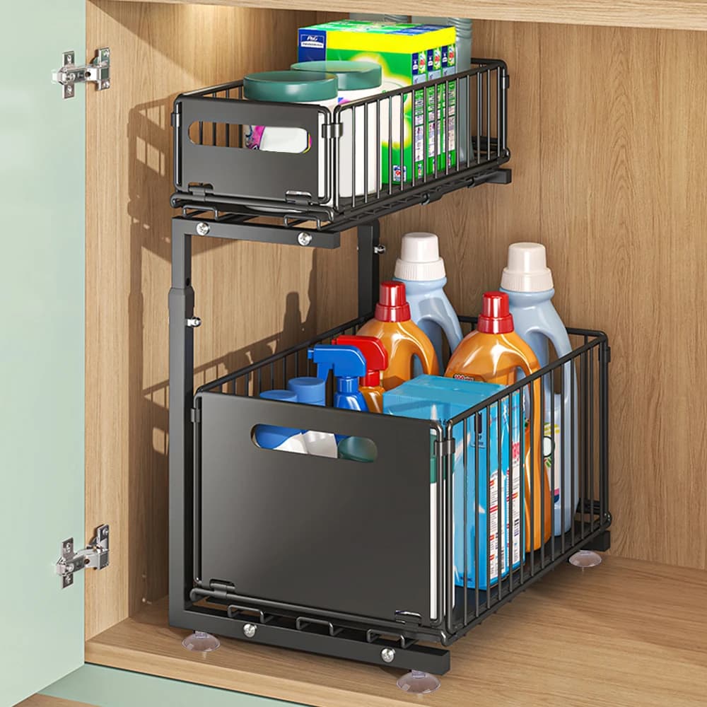 Cajón deslizante de 2 niveles debajo del fregadero, estante de almacenamiento de cocina ajustable, organizador de gabinete extraíble, estante de