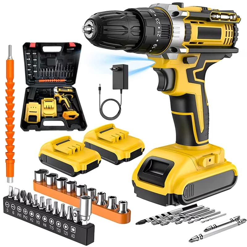 Taladro percutor inalámbrico de 21 V, destornillador eléctrico con batería de iones de litio, 25+3 niveles de torque, 2 velocidades ajustables,
