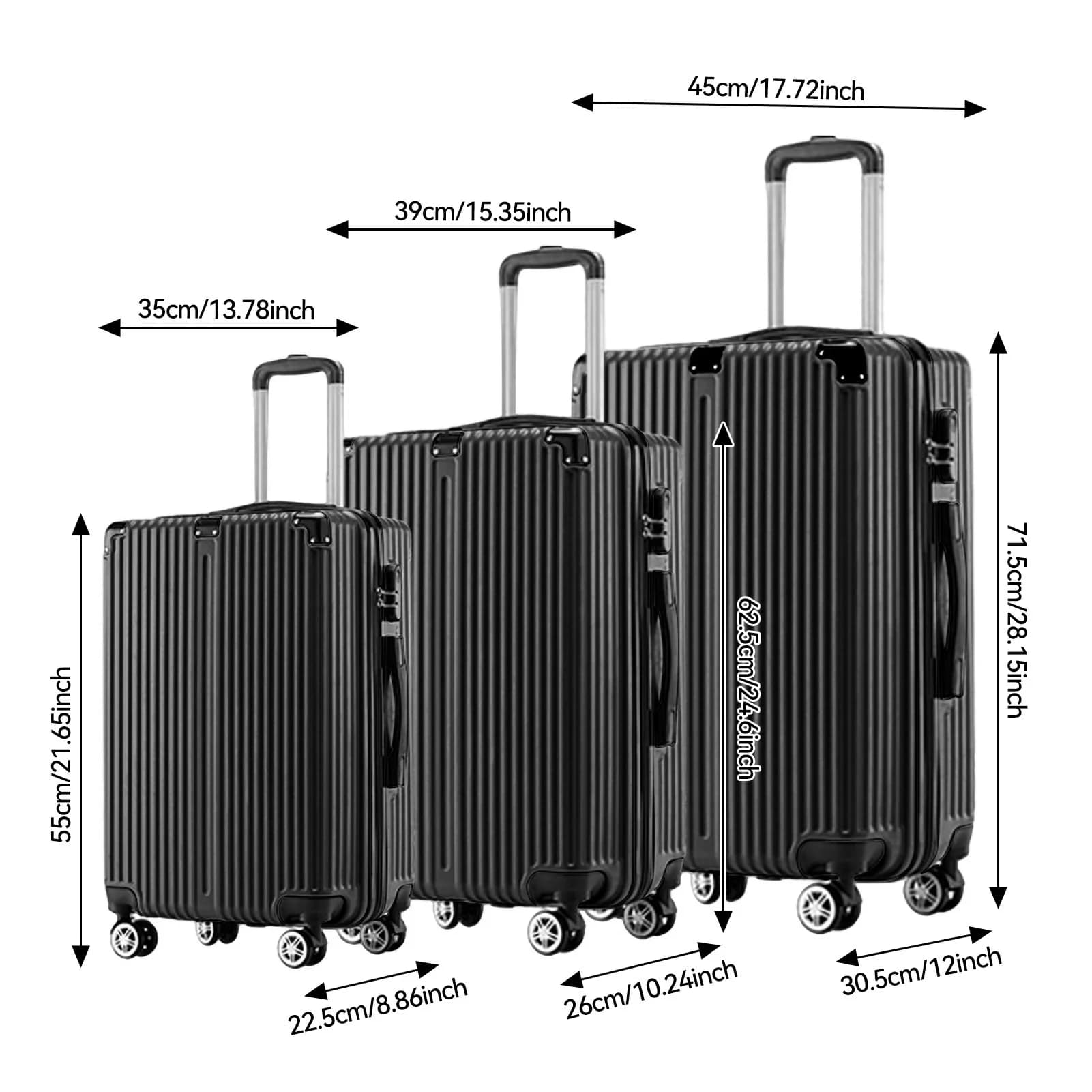 Rosahqnda Juego de maletas con ruedas de 3 piezas, 4 ruedas universales, estuche con cerradura, funda dura ABS, almacenamiento de viaje