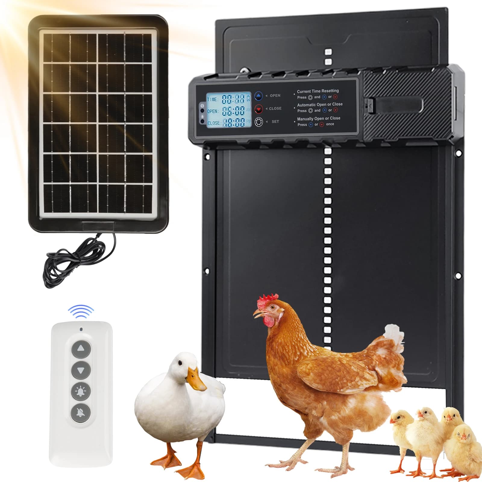 Solar Automatic Chicken Coop Door With LCD Screen Timer Remote Control Mode Open/Close Auto Chicken Doors Anti Pinch Waterproof