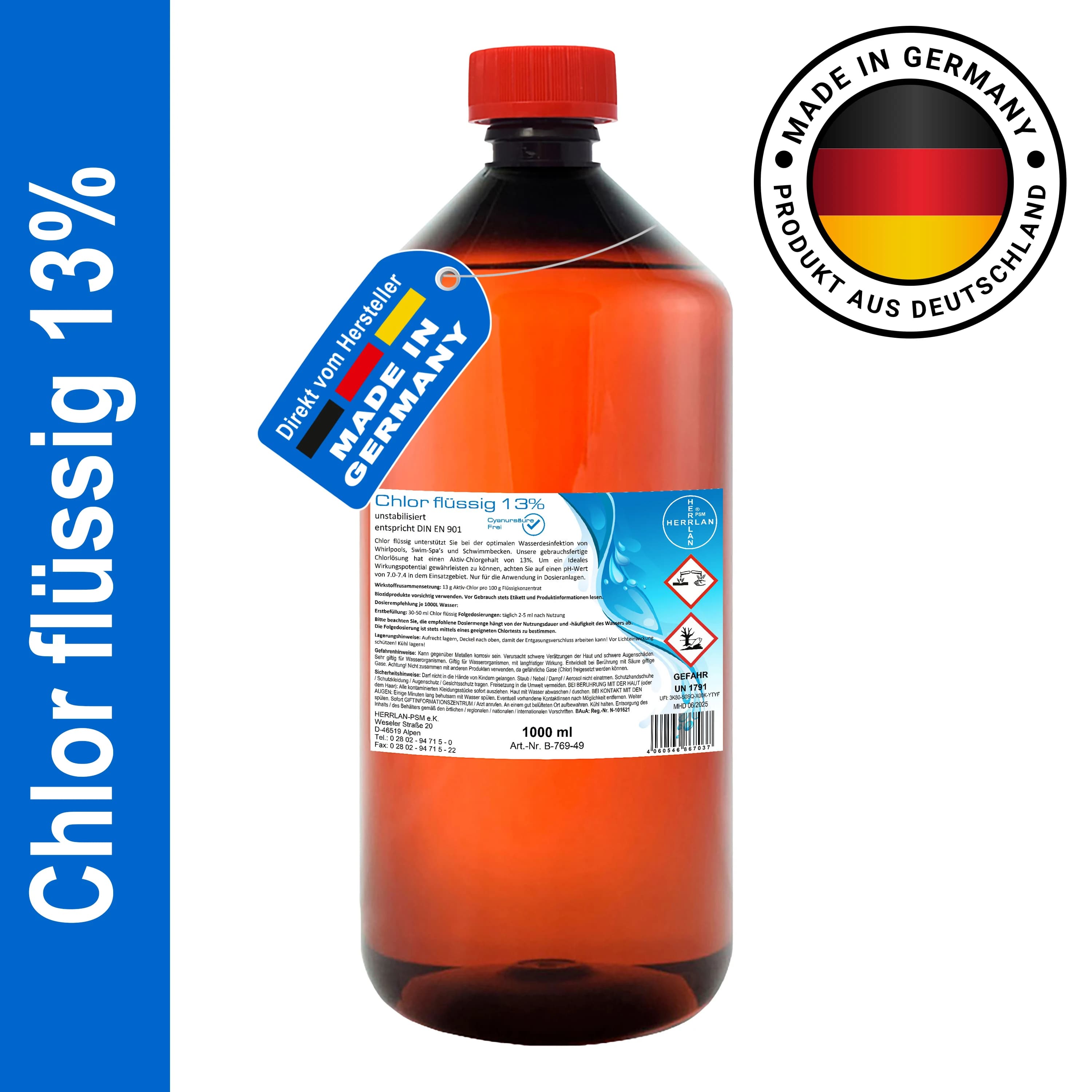 HERRLAN ® Líquido de cloro 13 % sin estabilización y sin ácido cianúrico - Desinfección de agua profesional para piscina SwimSpa y jacuzzi