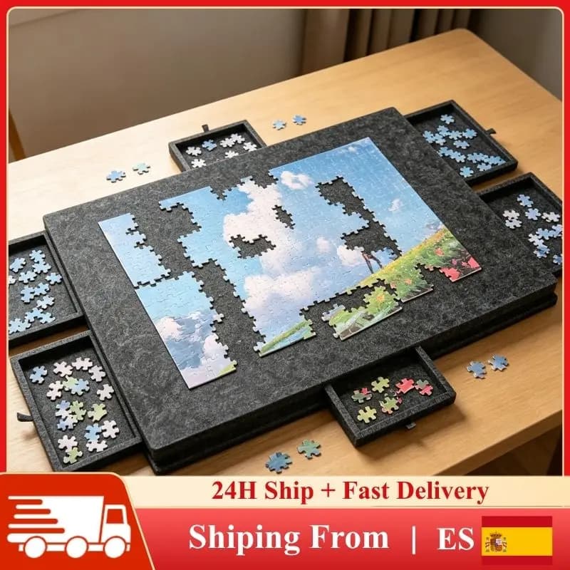 Tablero de Fieltro Plegable para Rompecabezas con 6 Cajones, Mesa de Rompecabezas Portátil 2 en 1 con Soporte Inclinable y Cubierta Antipolvo, Tapete