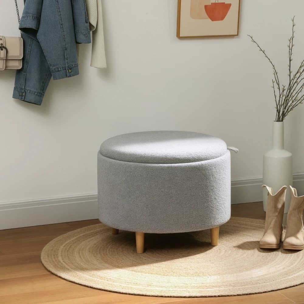Taburete tapizado, reposapiés, peluche de oso de peluche, 56 × 56 × 42 cm, funda plegable, espacio de almacenamiento oculto, gris