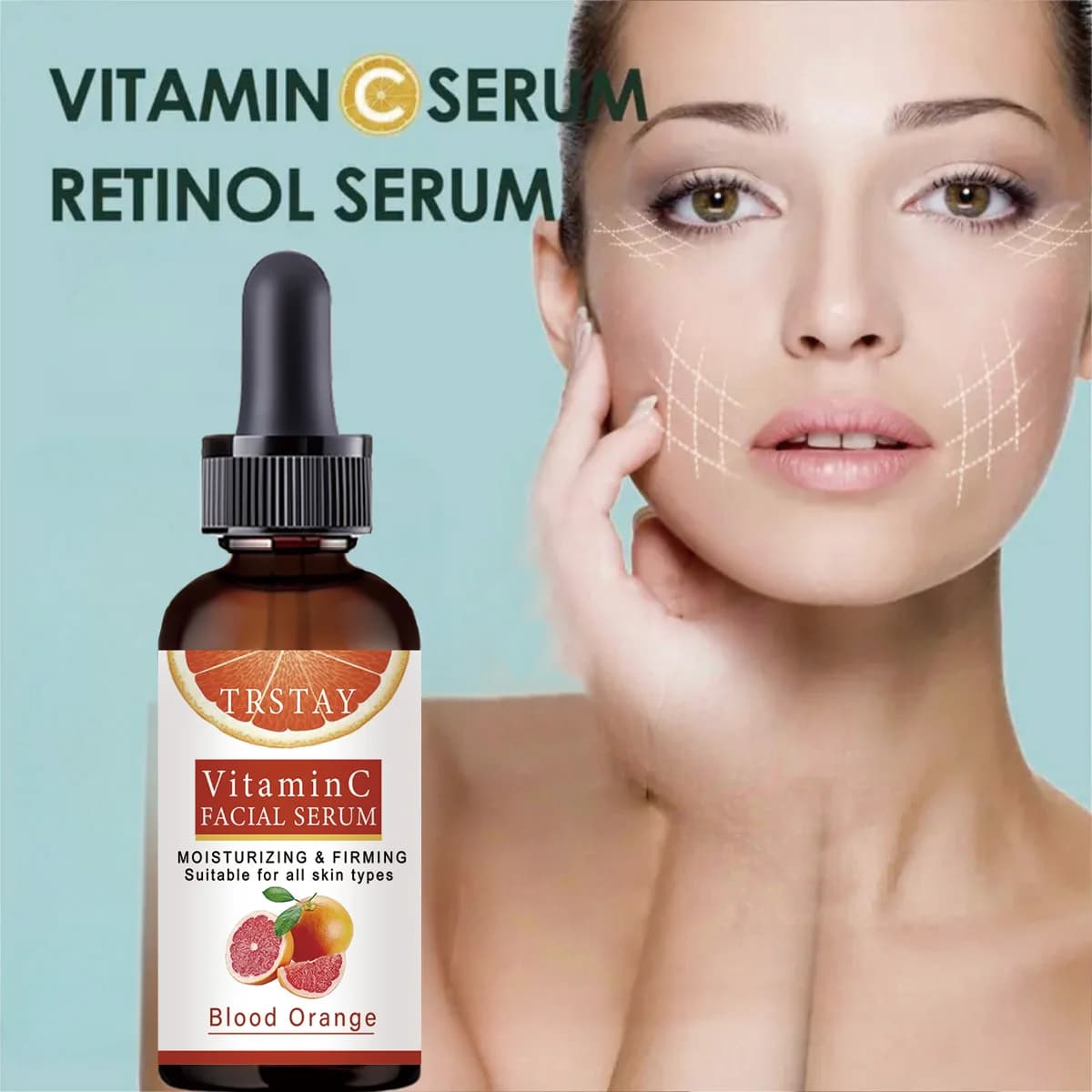 TRSTAY Suero facial con vitamina C y naranja sanguina, esencia hidratante y reafirmante, tratamiento antienvejecimiento iluminador para todo tipo de