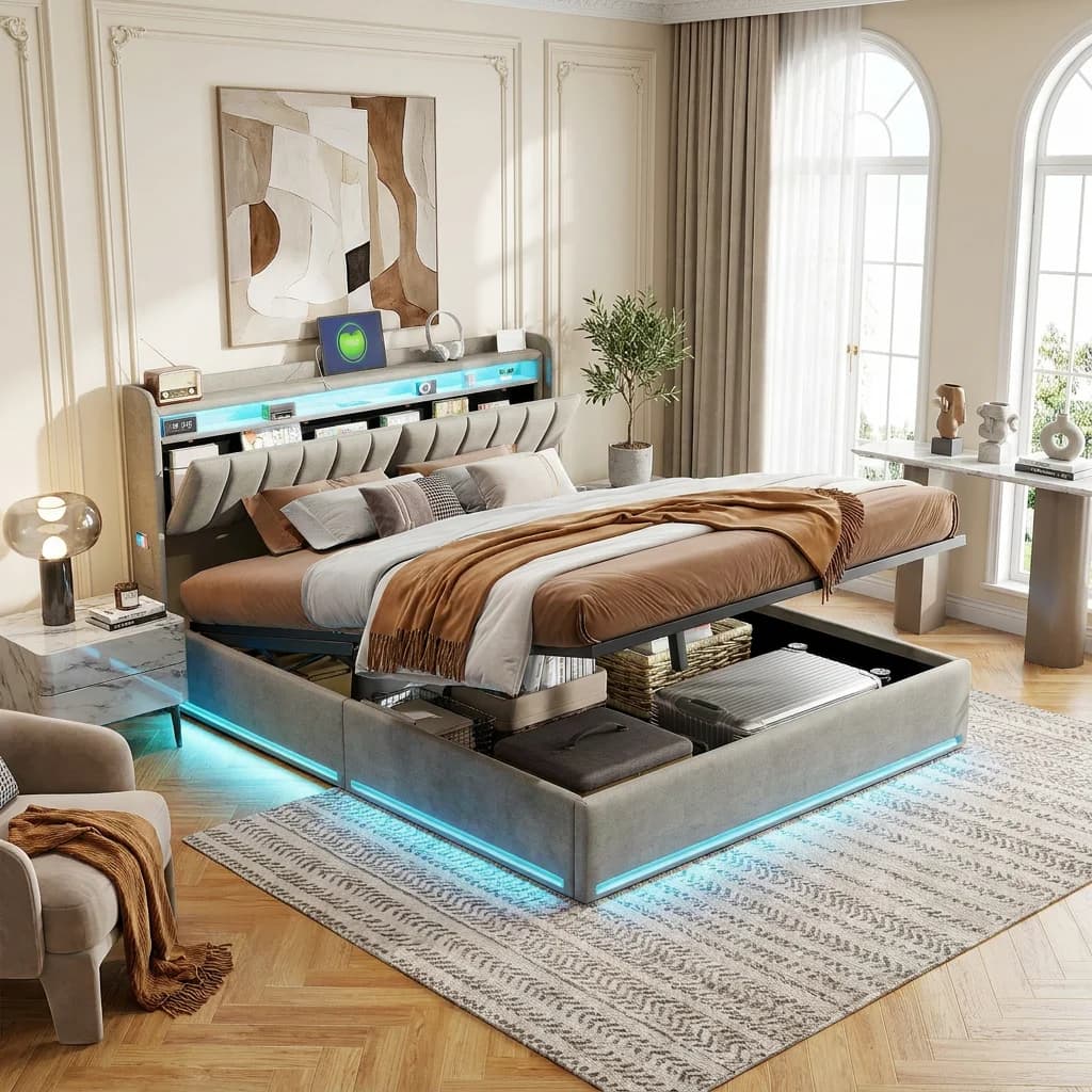 Anajqaqia Cama doble de 140/160×200/190 cm con luz LED, cama con almacenamiento hidráulico y carga USB, cama para adultos con cabecero acolchado