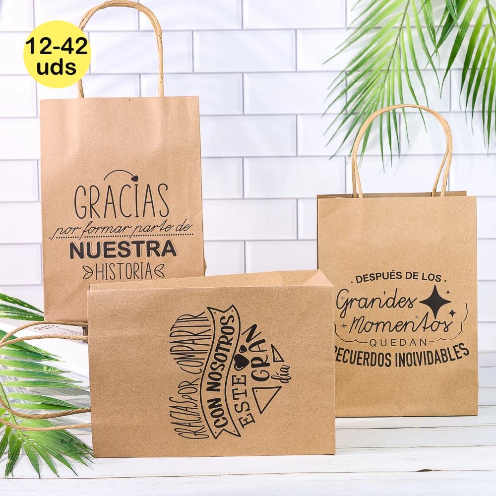 Lote de 12 a 42 unidades de bolsas papel kraft con frases decorativas, 16cm y 21 cm, Bolsas de papel para regalos, Detalles para invitados de boda,