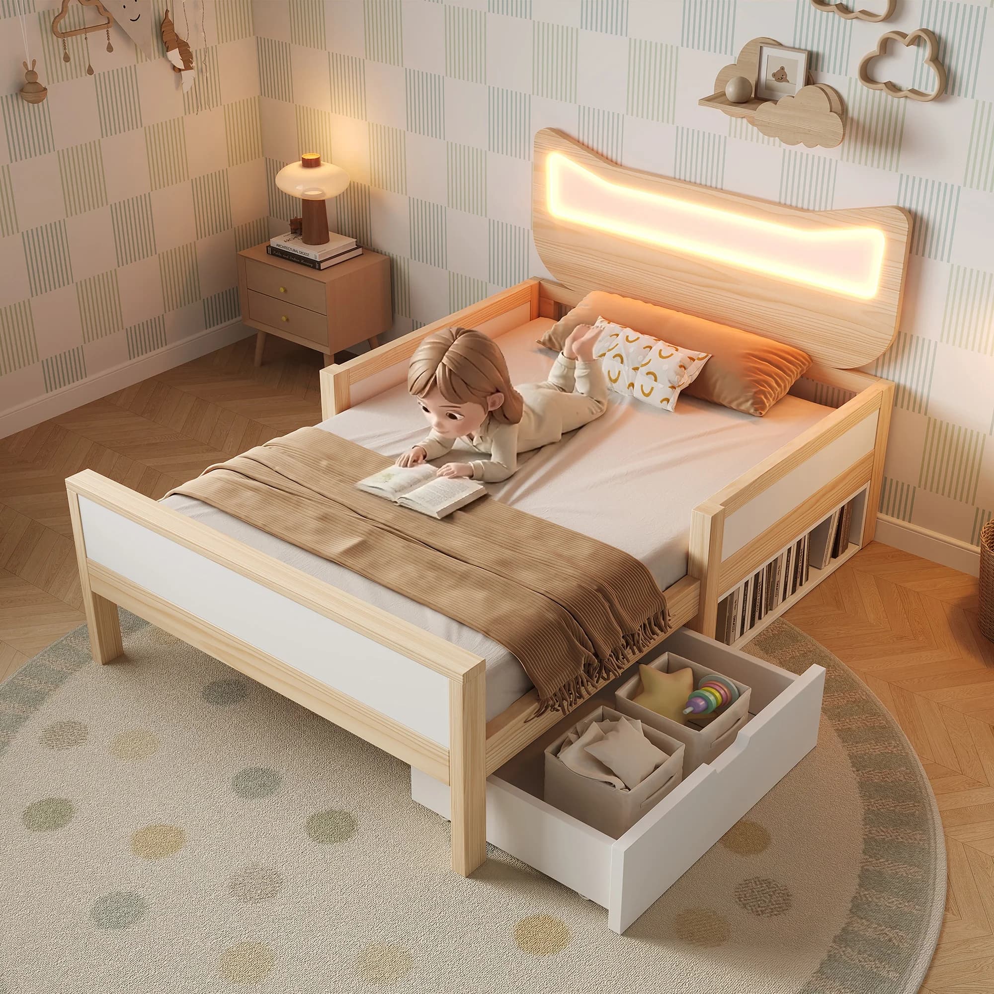 Cama Individual Infantil con Cabecero de Gato, LED RGB, Cajón y Nicho de Almacenamiento, 90 × 200 cm, sin Colchón