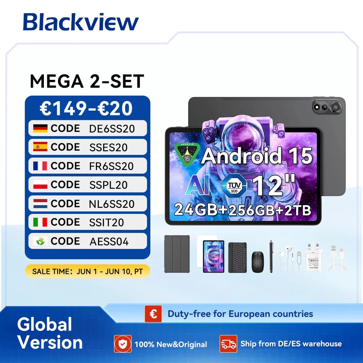 Blackview MEGA 2 Tablet PC Set con teclado, ratón, lápiz óptico, pantalla 2K de 12 pulgadas, 12 GB + 24 GB de RAM, 256 GB de ROM, tableta Android