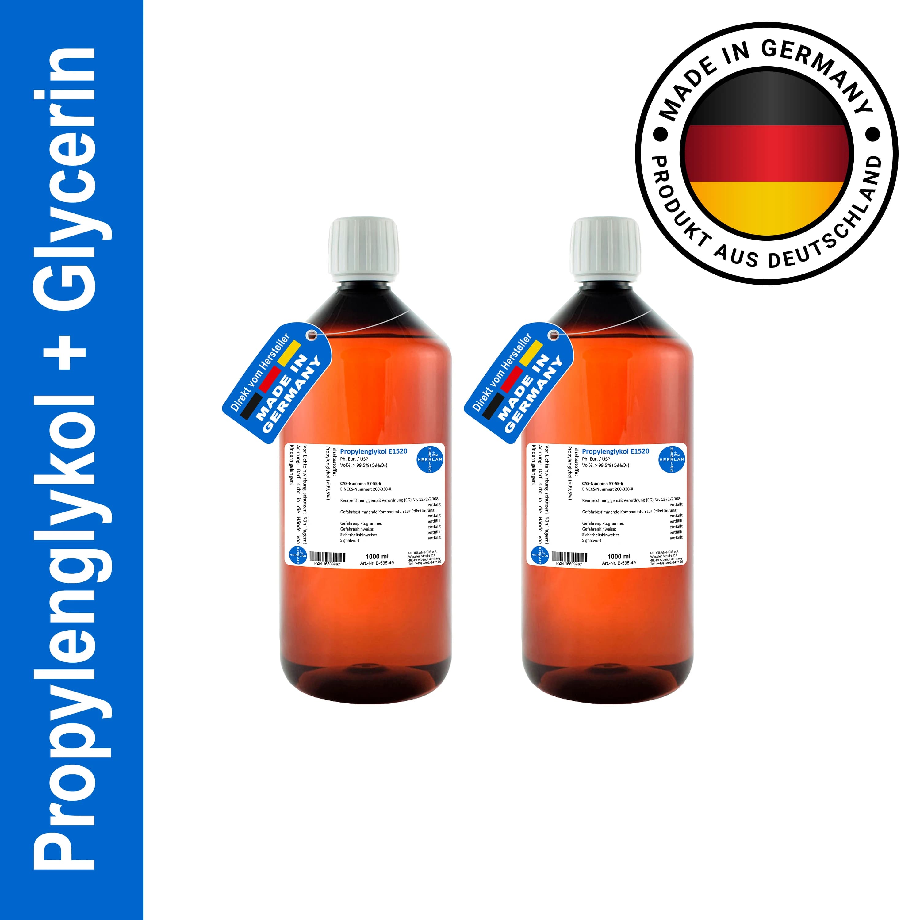 HERRLAN ® Glicerina 99.5% + Propilenglicol 99.5%-2x1000 ml Set en la más alta calidad farmacéutica-Para cremas, lociones, geles