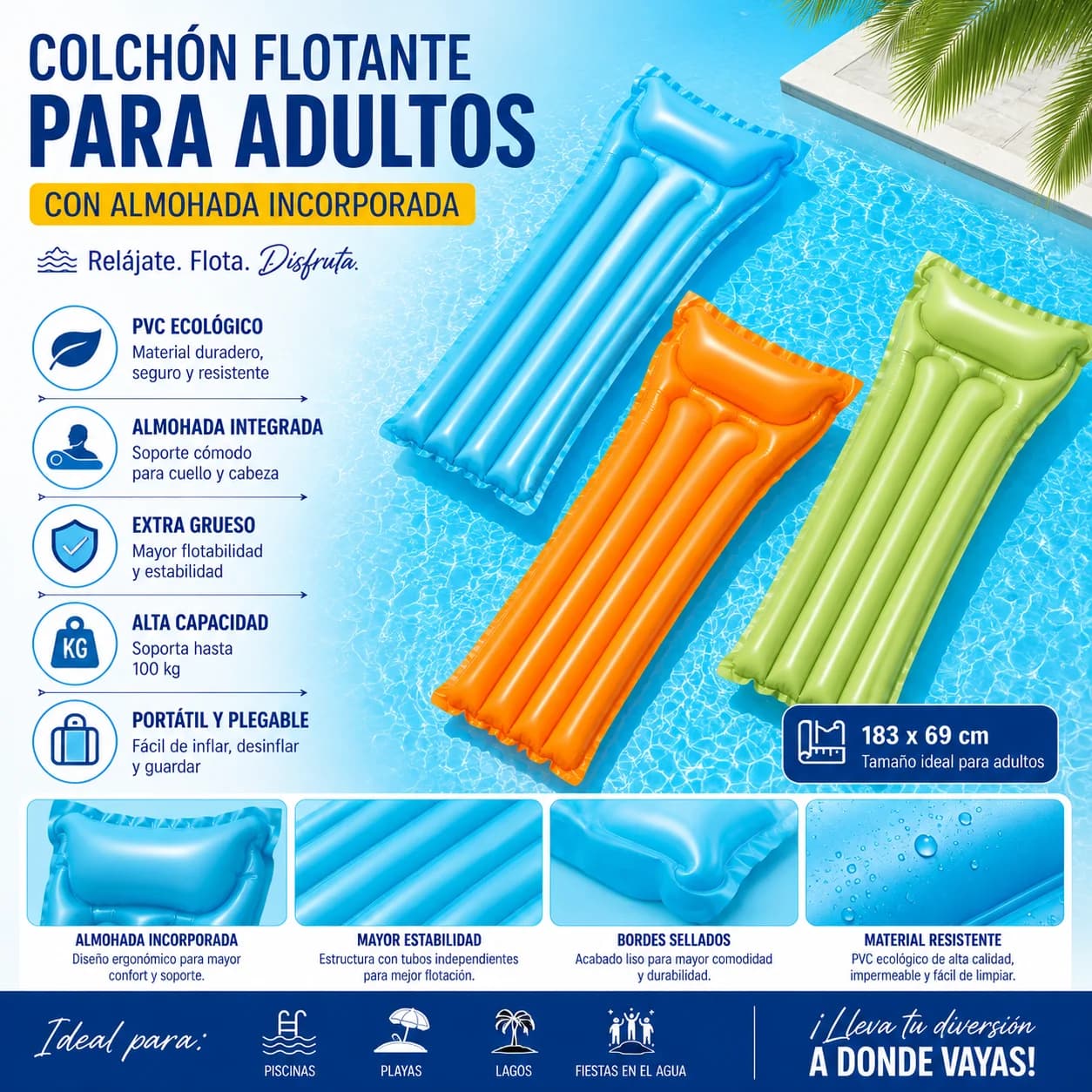 Colchón flotante inflable de PVC ecológico en 3 colores, con almohada integrada, tamaño 183x69cm para piscina y playa