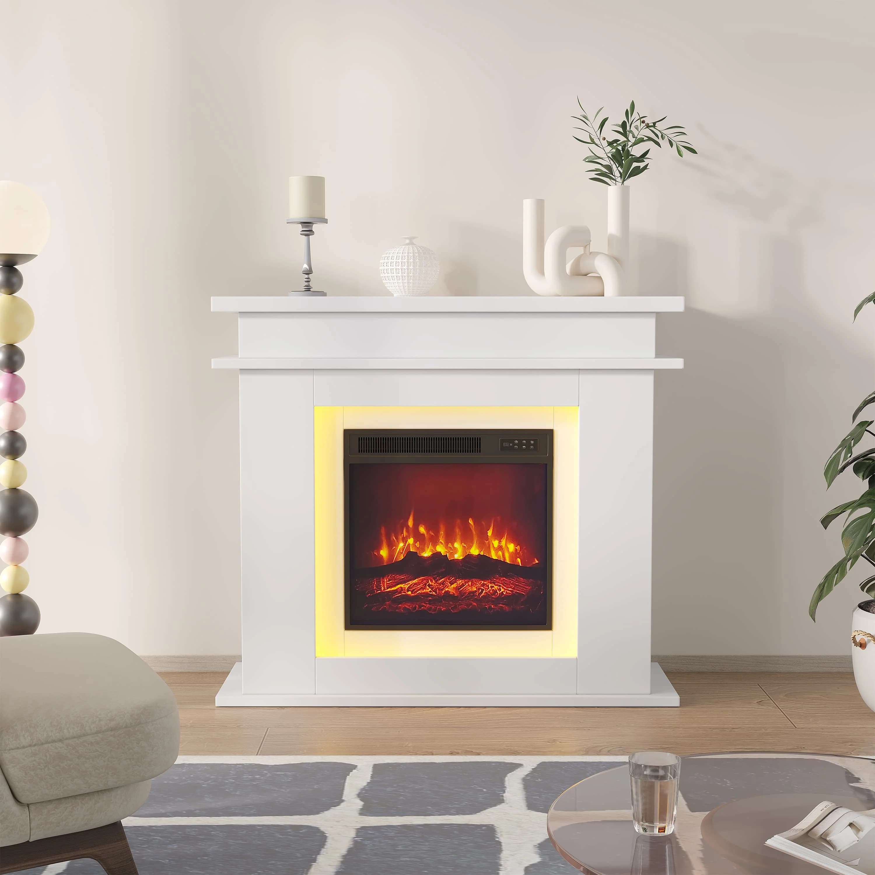 18 chimenea eléctrica, 750/W, llama 3D, diadema LED, mando a distancia, temporizador, sobrecalentamiento, Muebles incluidos, Blanco