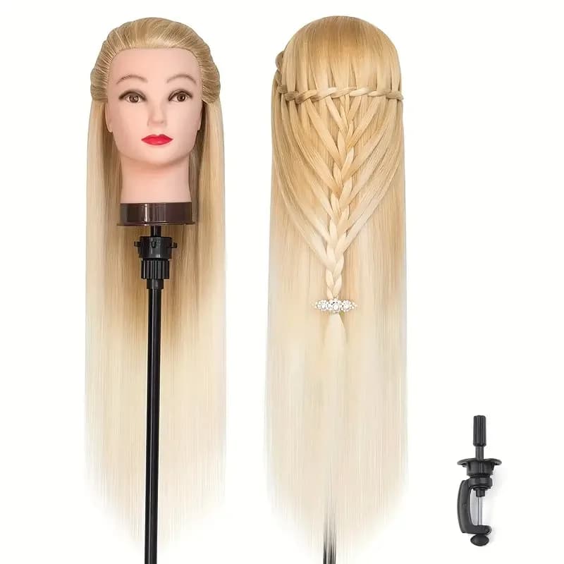 Modelo de cabeza de maniquí con pelo sintético largo, cabeza de maniquí, cabeza de entrenamiento de peluquería, cabeza de muñeca para práctica