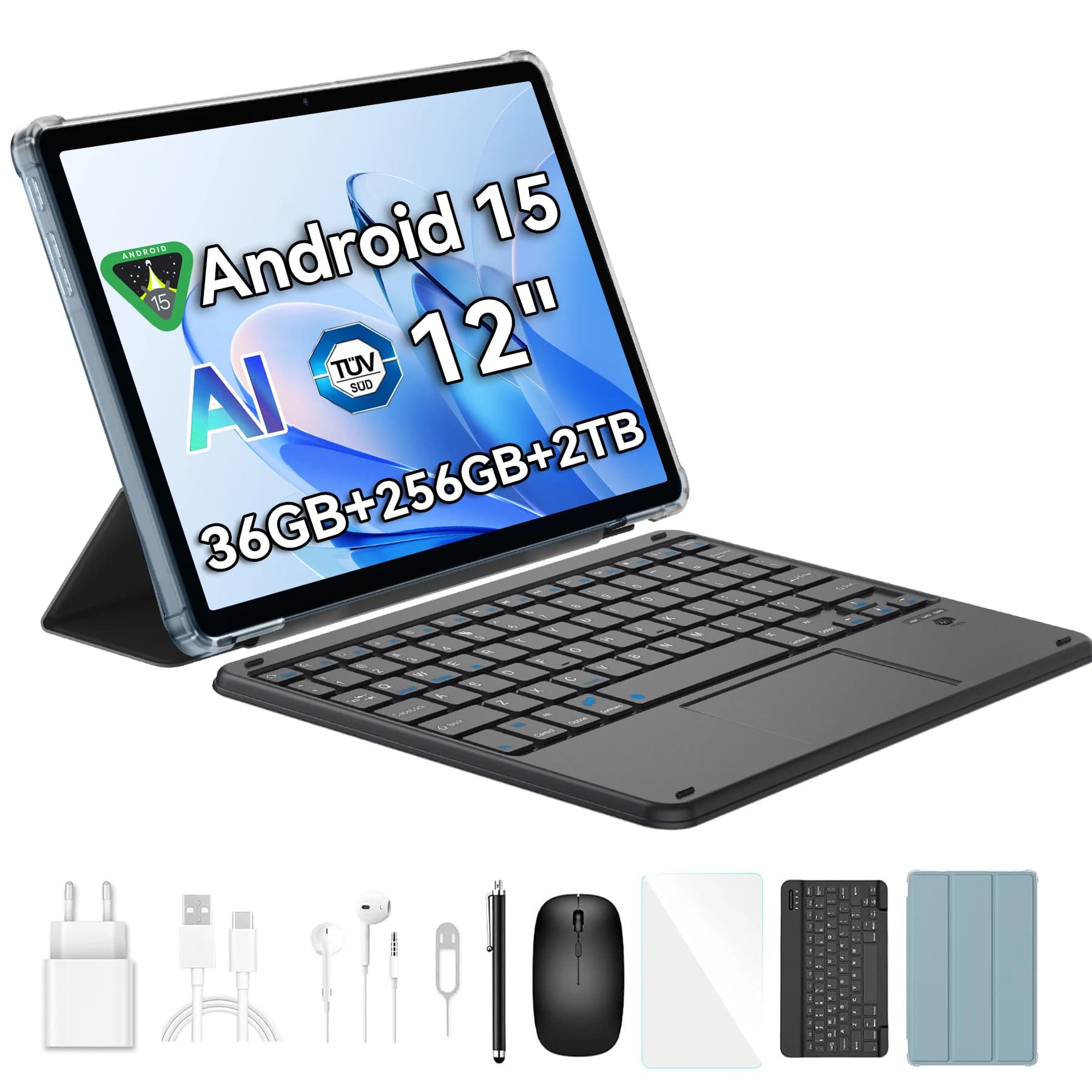 Blackview MEGA 2 Tablet PC Set con teclado, ratón, lápiz óptico, pantalla 2K de 12 pulgadas, 12 GB + 24 GB de RAM, 256 GB de ROM, tableta Android
