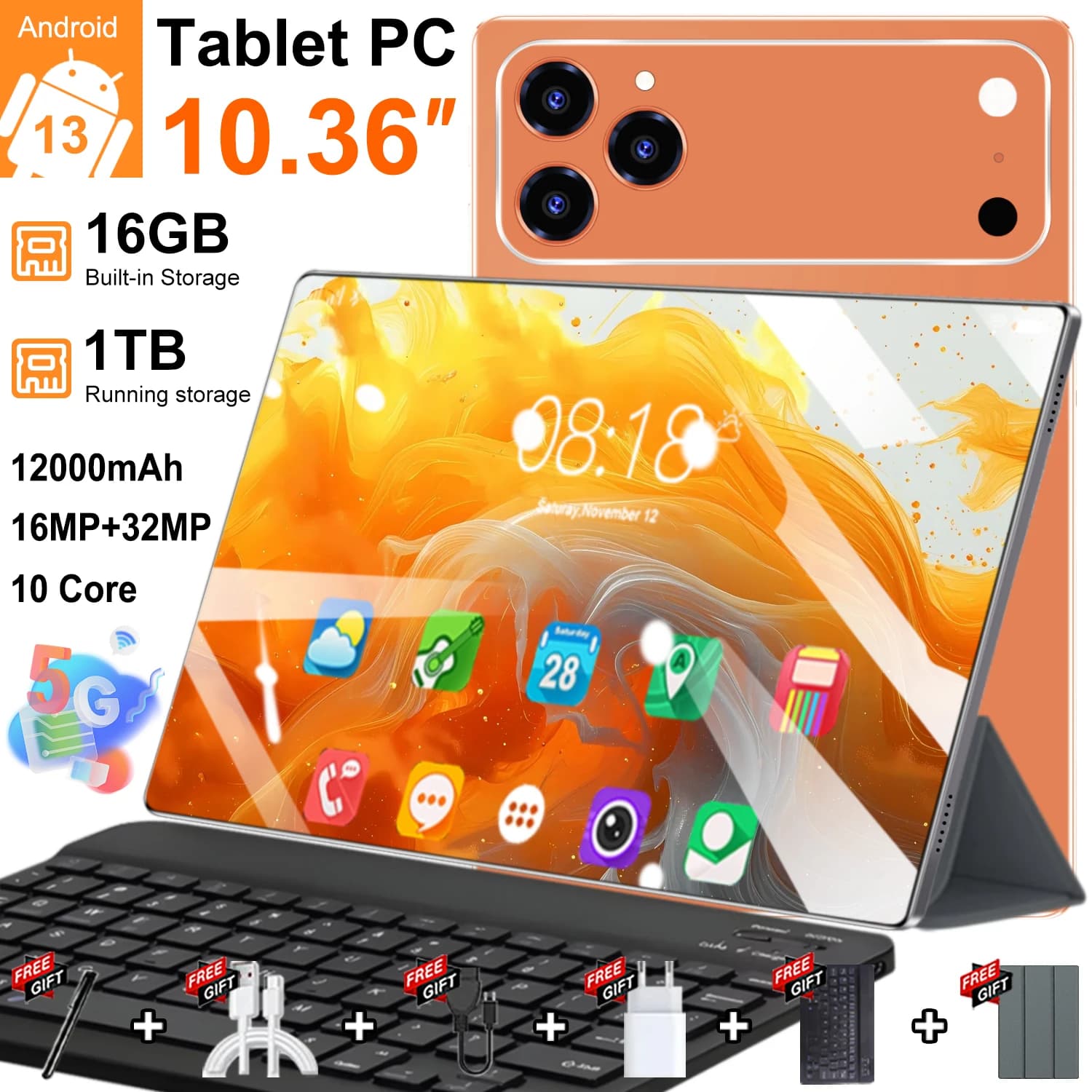 Nueva Tablet PC 2026 5G de 10.36 Pulgadas, Versión Global, 16GB RAM, 1TB ROM, 12000mAh, Android 13.0, 10 Núcleos, Doble SIM, 16MP+32MP, Bluetooth,