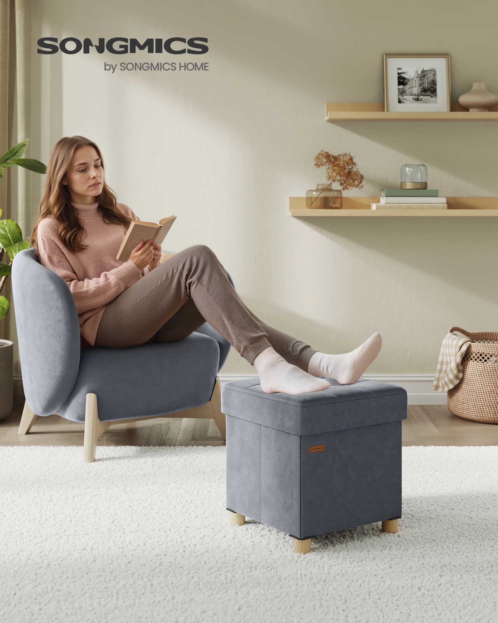 SONGMICS Puff Almacenaje Pequeño, Banco Plegable, 38 x 38 x 40 cm, Reposapiés, 37 L, Superficie de Terciopelo, para Dormitorio, Sala de Estar,
