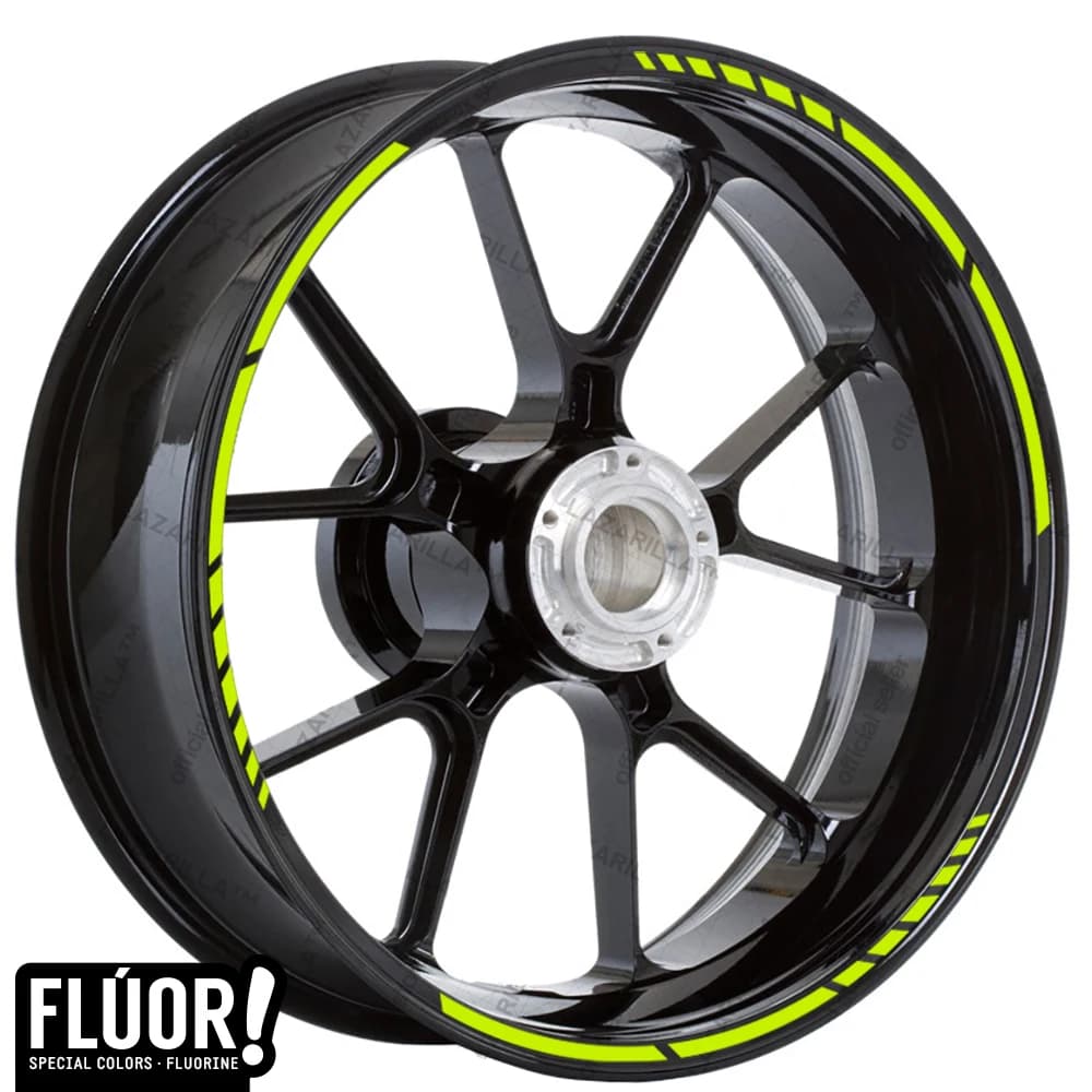 Pegatinas Llantas Moto Amarillo Fluor Diseño Perfil 8MOTION 3 Tramos Pack Completo para 2 llantas de 15" a 19". Adhesivos Borde de Llanta, Coche