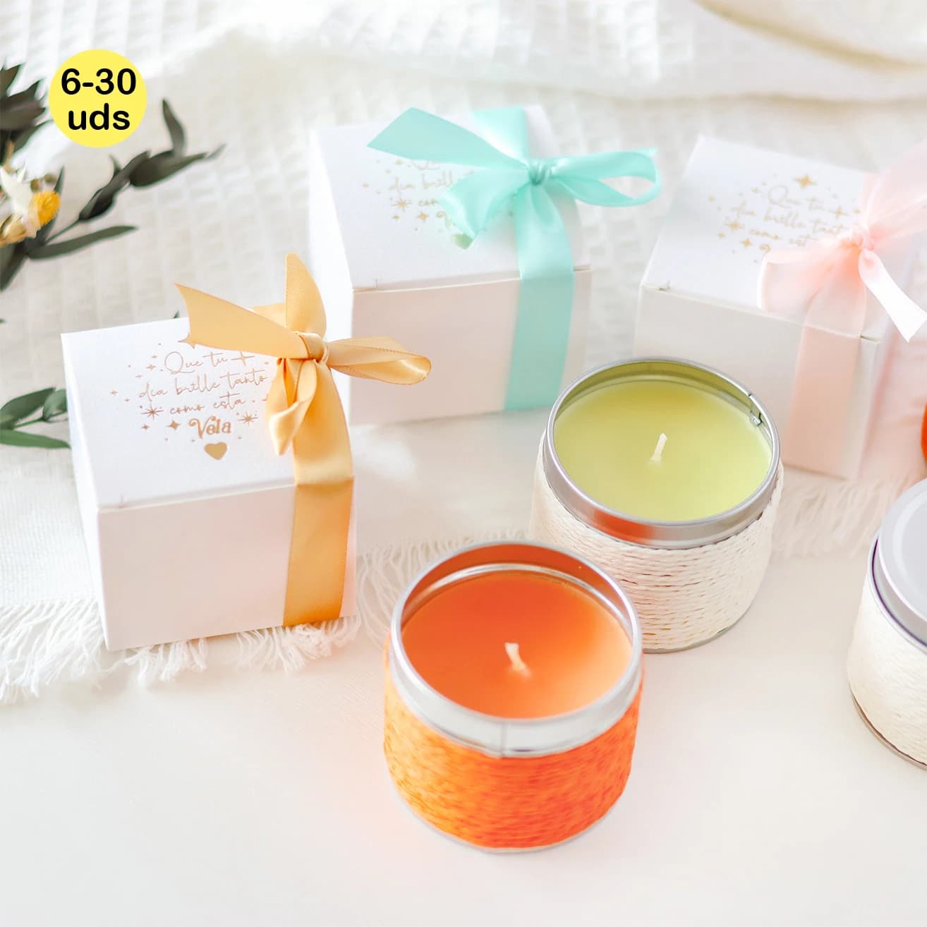 Lote de 6 a 30 unidades de velas aromáticas perfumadas, Velas para regalar a invitados, Velas con caja decorativa y lazo, Regalos comunion invitados,