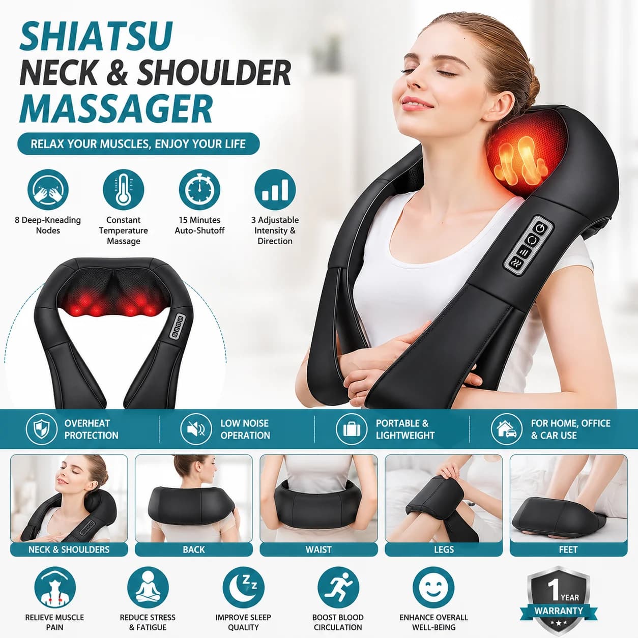 Almohada de masaje Shiatsu con calor para cuello y hombros, masajeador eléctrico de tejido profundo para espalda, cintura, piernas, pies,