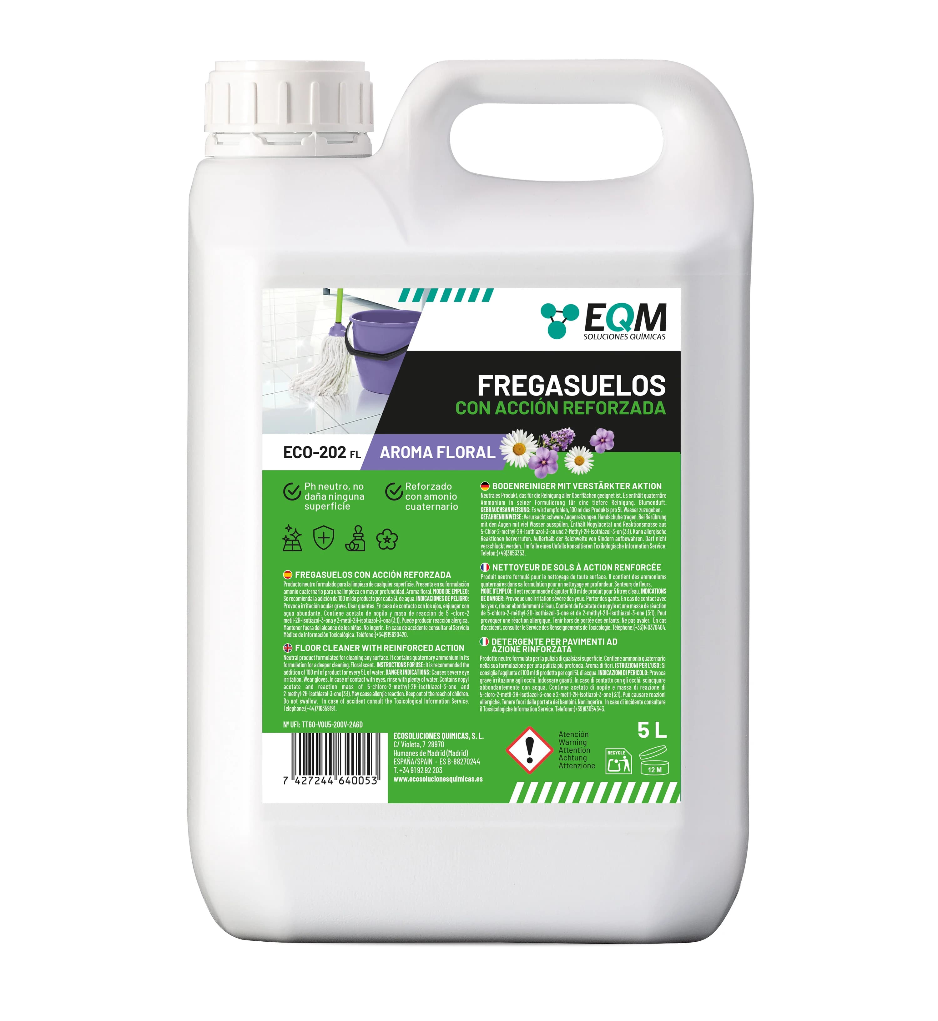 EQM - ECO-202 - Fregasuelos con Acción Reforzada - 5L - Alto poder desengrasante y desodorizante para todo tipo de superficies