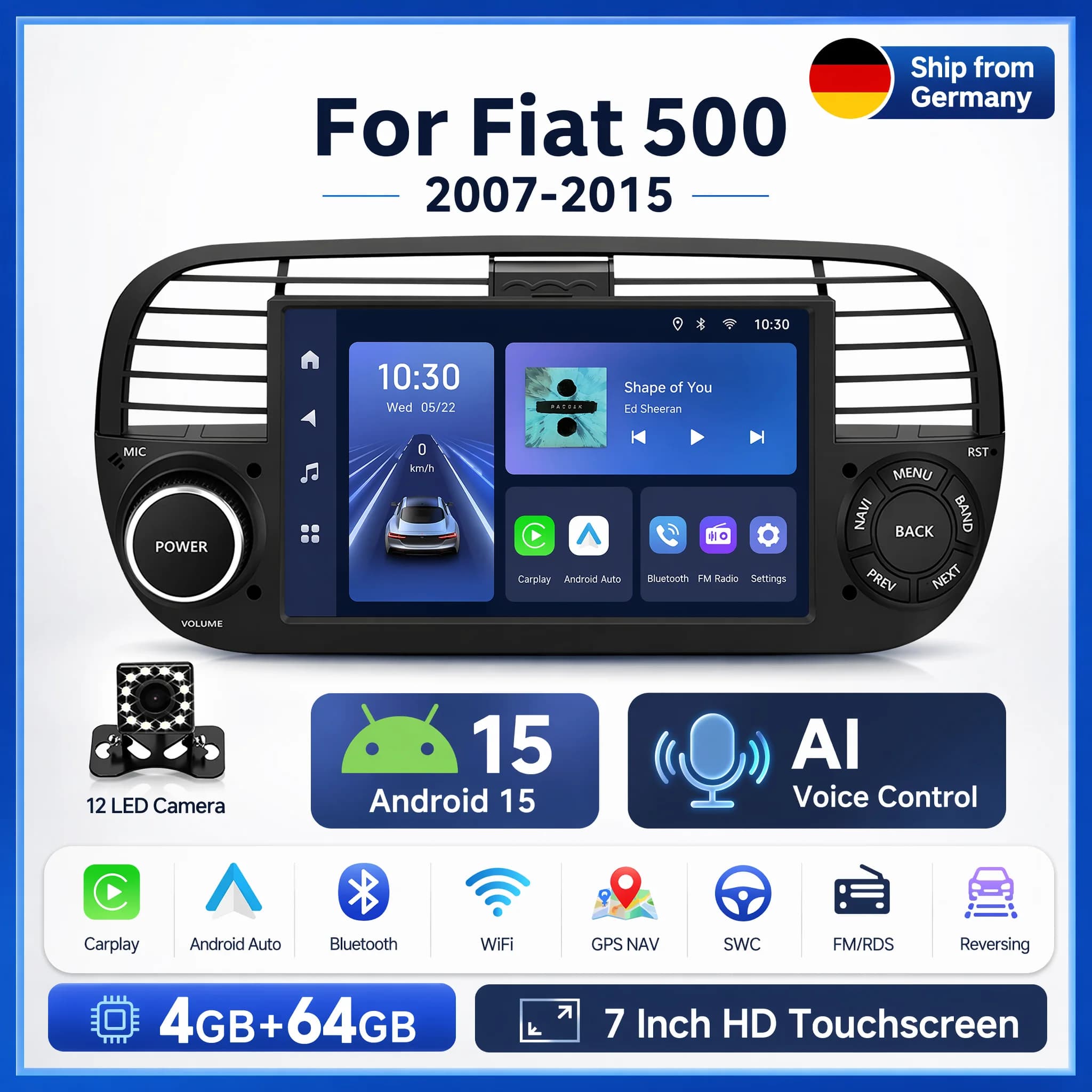 Radio para Auto con Android 15 y CarPlay Inalámbrico de 7 Pulgadas para Fiat 500 500C Abarth 2007-2015, Sistema Multimedia Inteligente con Pantalla