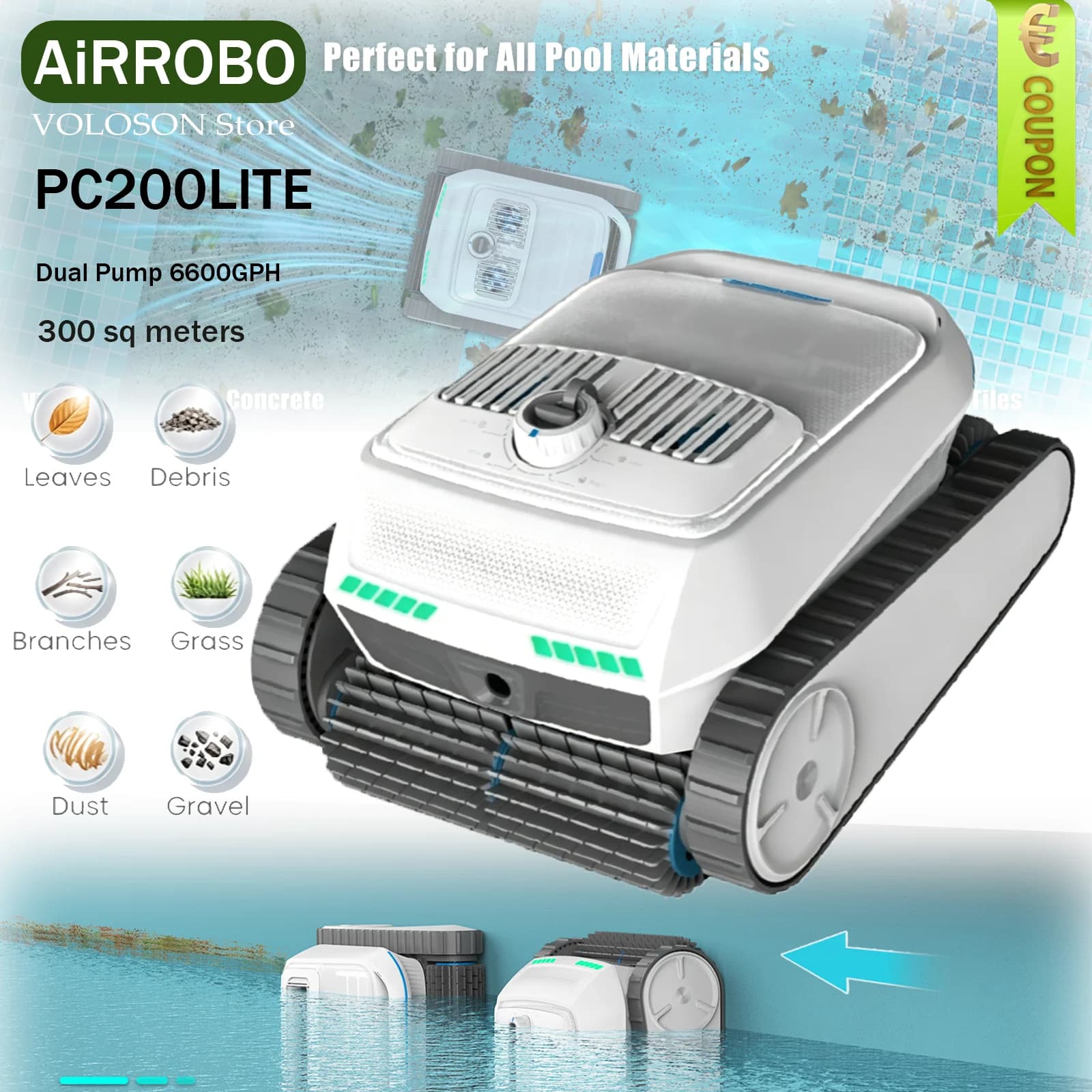 Robot Limpiador de Piscina Automático Inalámbrico AIRROBO PC200LITE,Doble Bomba Succión 6600GPH,4 Cepillos Rodantes,Filtro Ultrafino 180μm