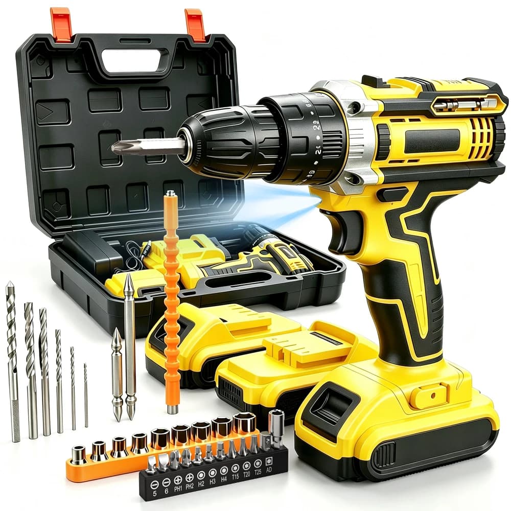 Taladro percutor inalámbrico portátil de 21 V, kit de taladro eléctrico con baterías duales, destornillador eléctrico, accesorios completos,