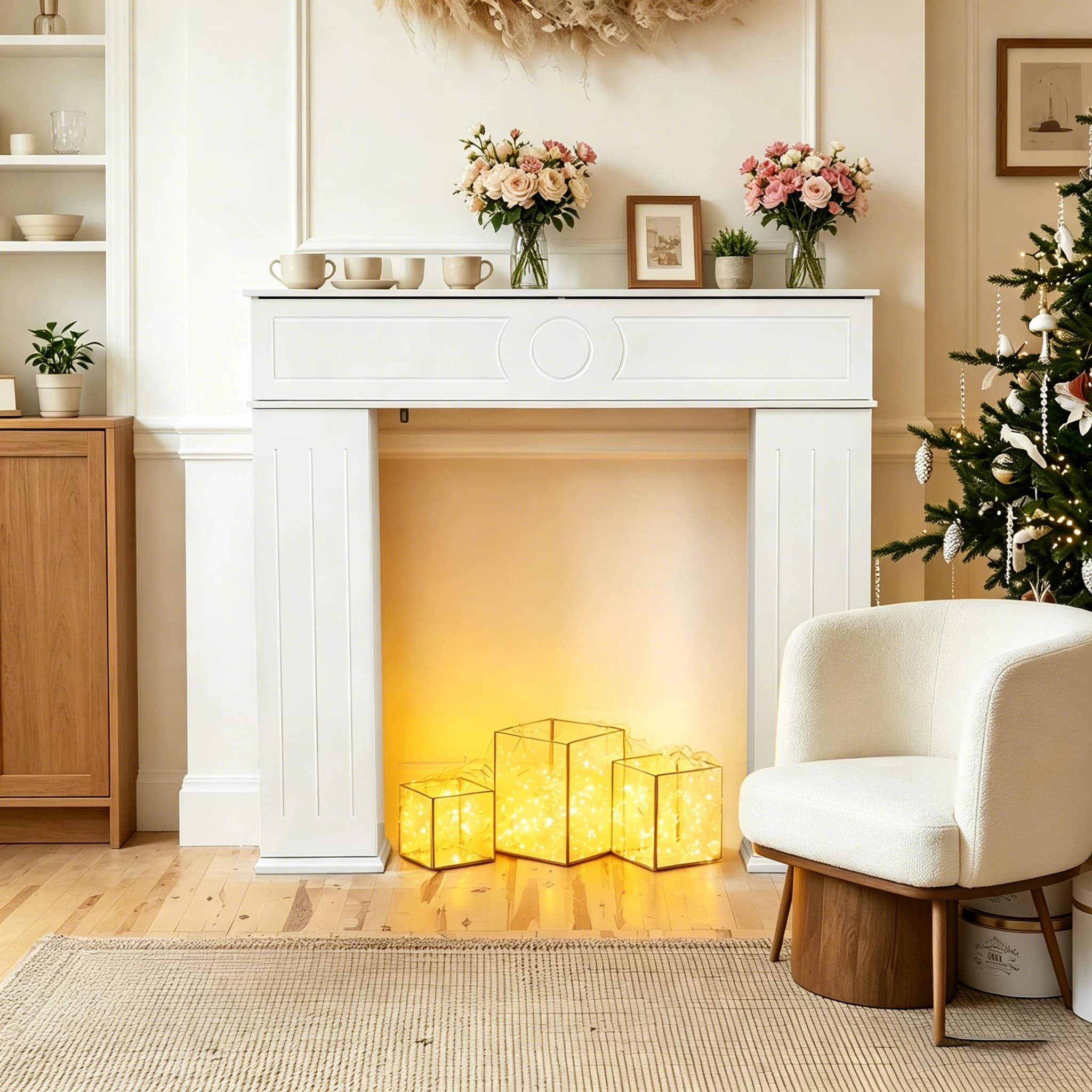 Mueble de Chimenea de Madera Anajqaqia, Consola para Chimenea con Espacio de Almacenamiento, Marco Decorativo Blanco para Chimenea, para Sala de Estar