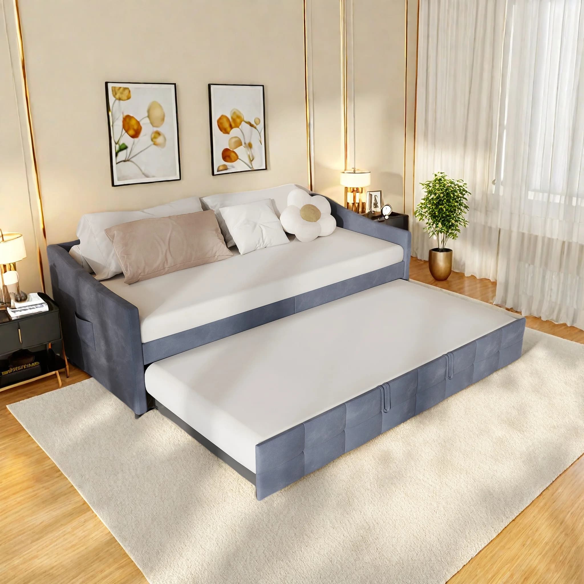 Sofá cama 90x200 cm, con somier de láminas, extensible, estructura de cama, sofá, cama de matrimonio, terciopelo, gris.