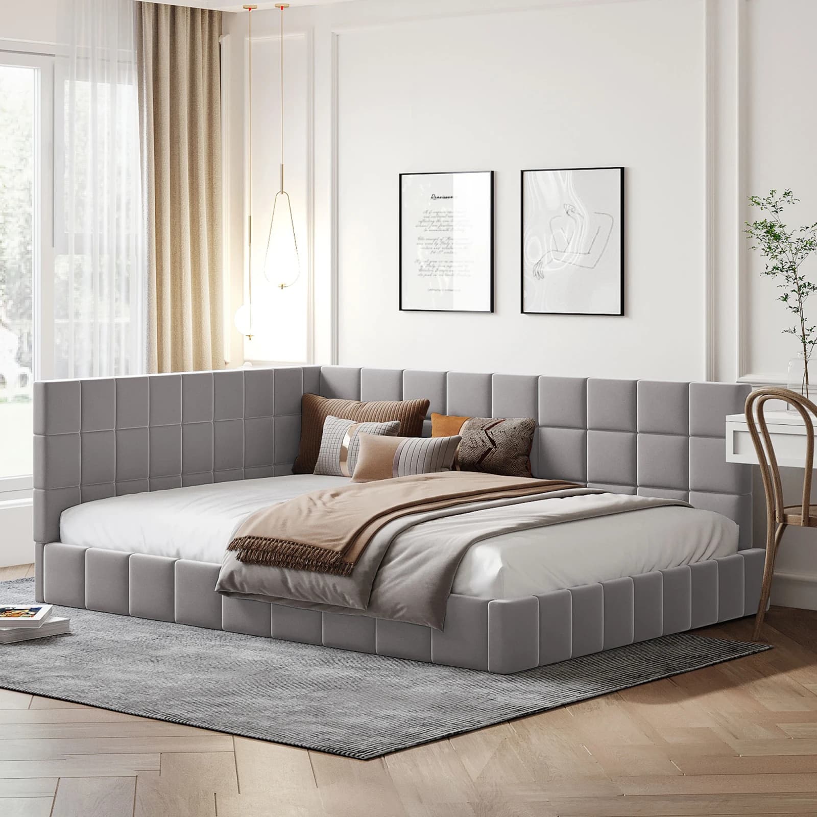 Rosahqnda Sofá cama tapizado Sofá Cama multifunción con panel de láminas en tela de terciopelo Beige/Gris