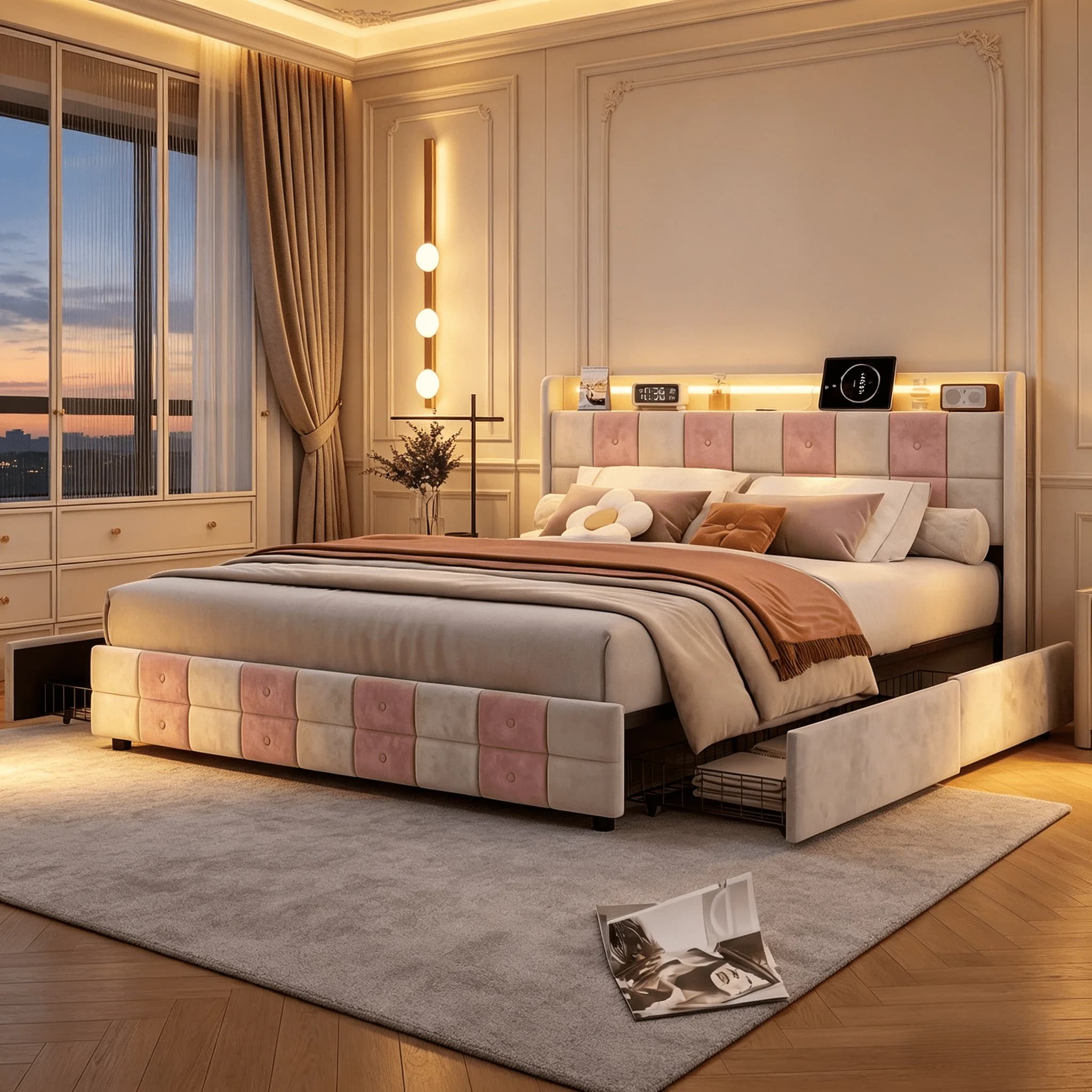 Cama MINGZHE 140x190/140x200/160x200cm con Base de Láminas LED y USB, Cama Doble Tapizada con 4 Cajones de Almacenamiento, Base de Láminas, Cabecera