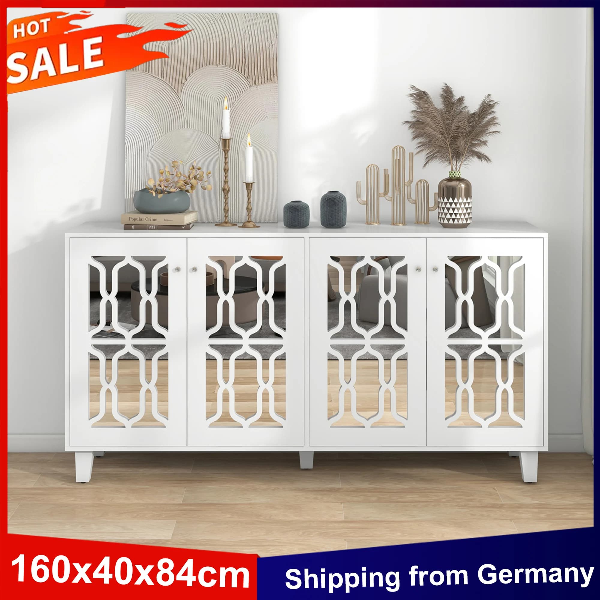 Anajqaqia Aparador blanco de 160x40x84 cm con 4 puertas y tiradores de cristal, cómoda, mueble de tachuelas, laminado móvil