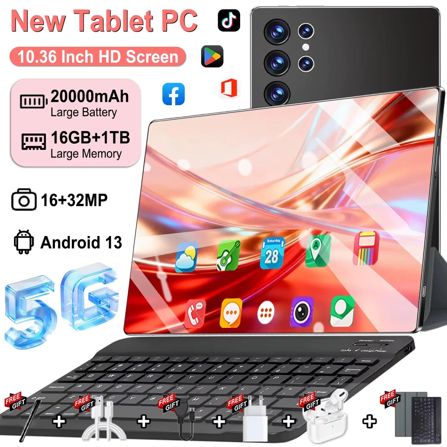 Tablet 2026 5G de 10.36 Pulgadas, Android 13.0, 16GB RAM, 1TB ROM, 16MP 32MP, 20000mAh, 14 Núcleos, Doble SIM, Bluetooth, WiFi, GPS