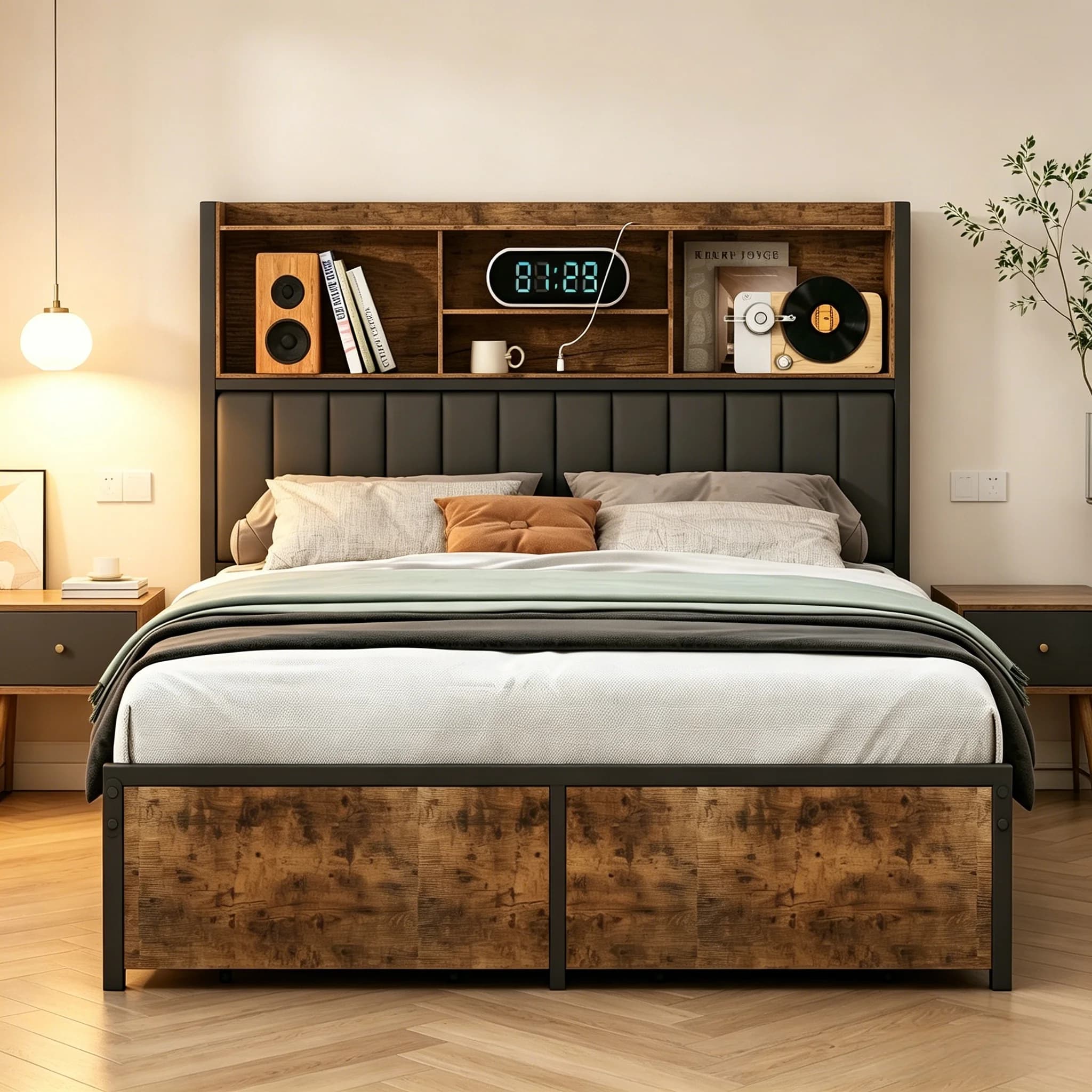 Base de Cama de Metal Negra de Estilo Industrial Retro de 160*200cm, Cabecero con Luz LED y Almacenamiento, Cabecero Tapizado, 2 Cajones Metálicos