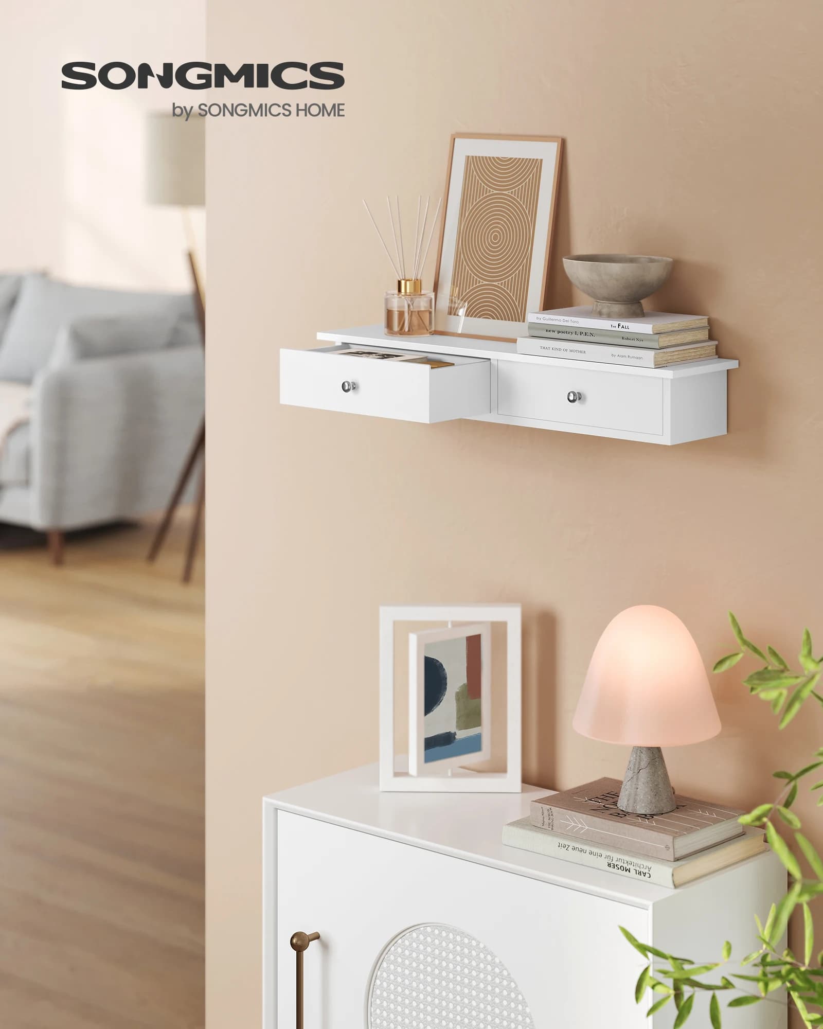 SONGMICS Estantería de Pared con 2 cajones, estantes Colgantes, estantes flotantes, Acabado Brillante, Carga 15 kg, 65 x 15 x 10 cm, para Dormitorio,
