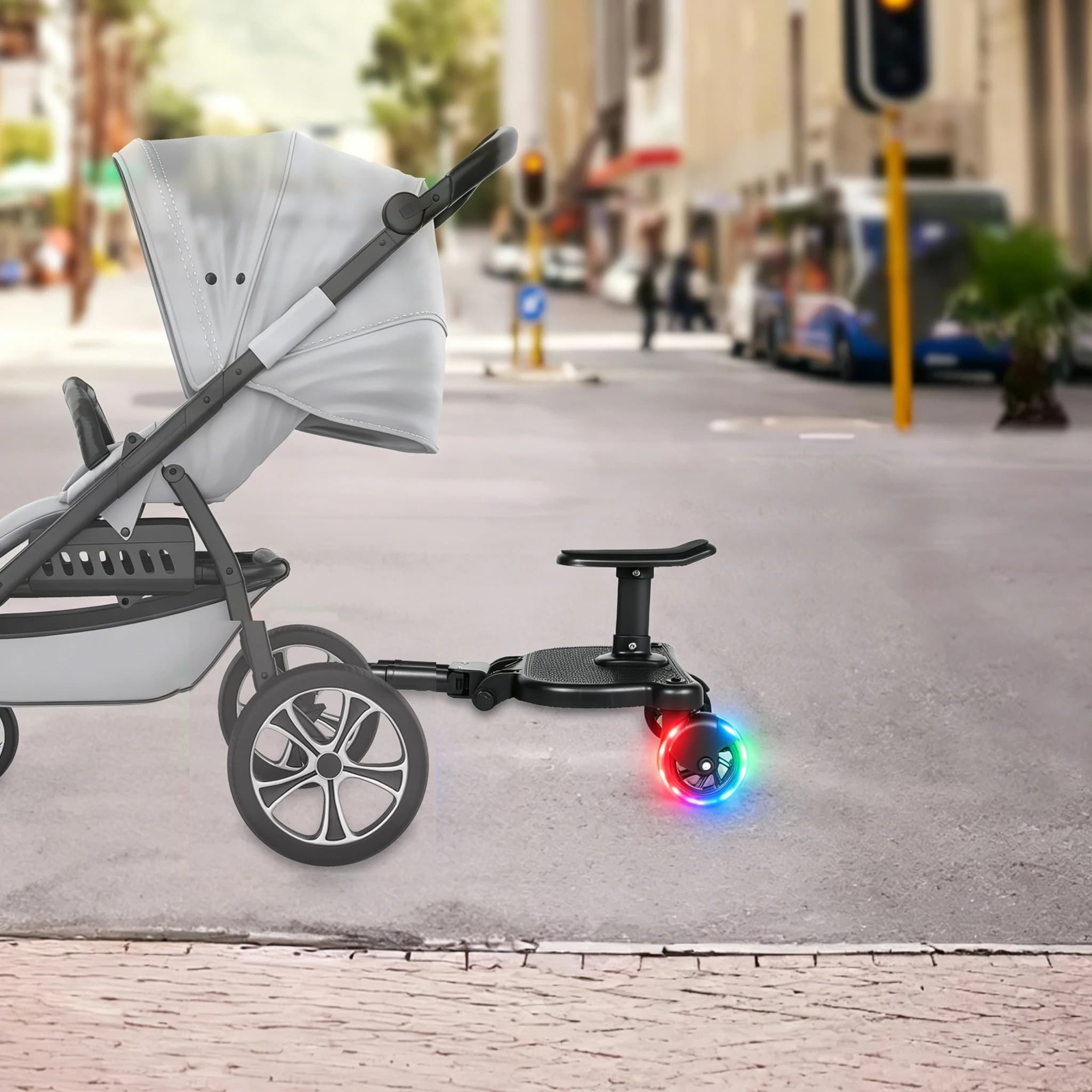 Plataforma Universal para Cochecito con Asiento, Adaptador de Plataforma para Cochecitos, Plataforma para Niños con Ruedas LED, Soporta hasta 55