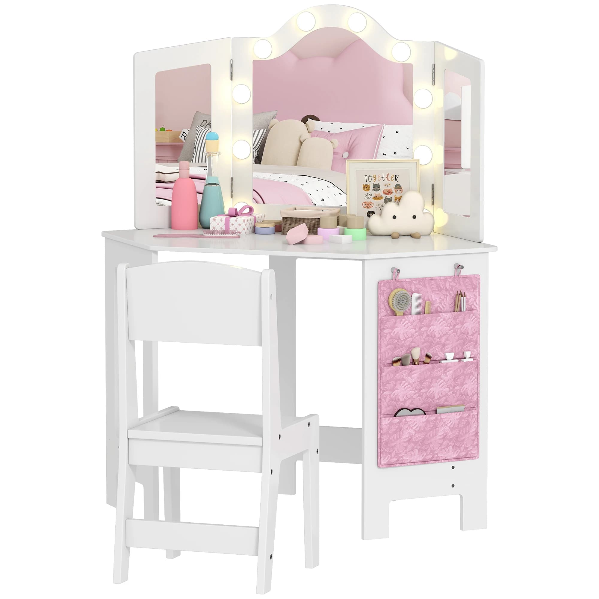 Tocador de Maquillaje Infantil con Espejo LED Plegable Triple, Silla a Juego, Bolsa de Almacenamiento Colgante Lateral, Multifuncional 2 en 1, Armario