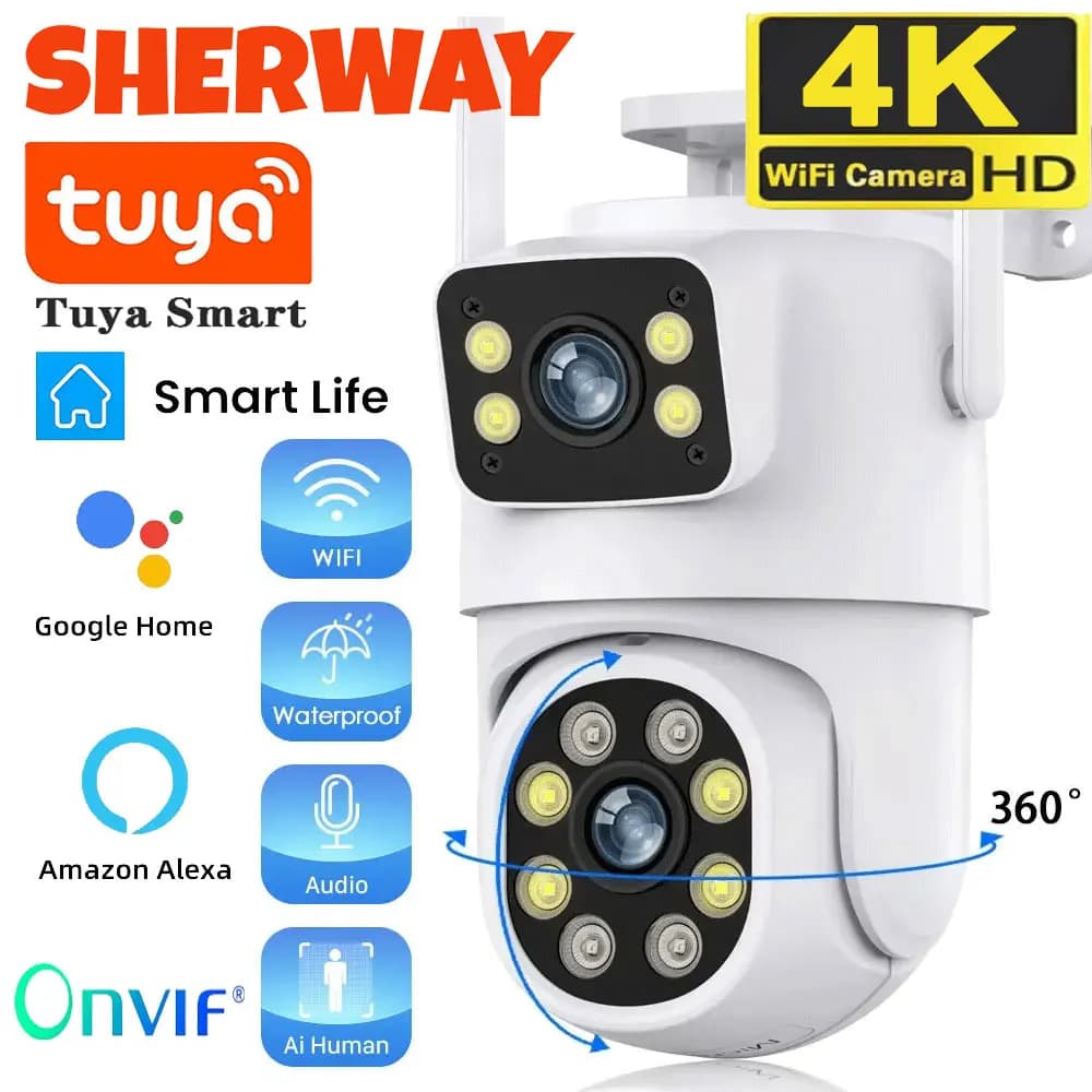 Cámara WIFI de doble lente 4K 8MP Tuya PTZ pantalla Dual para exteriores Ai cámara de seguridad de seguimiento automático humano vigilancia con